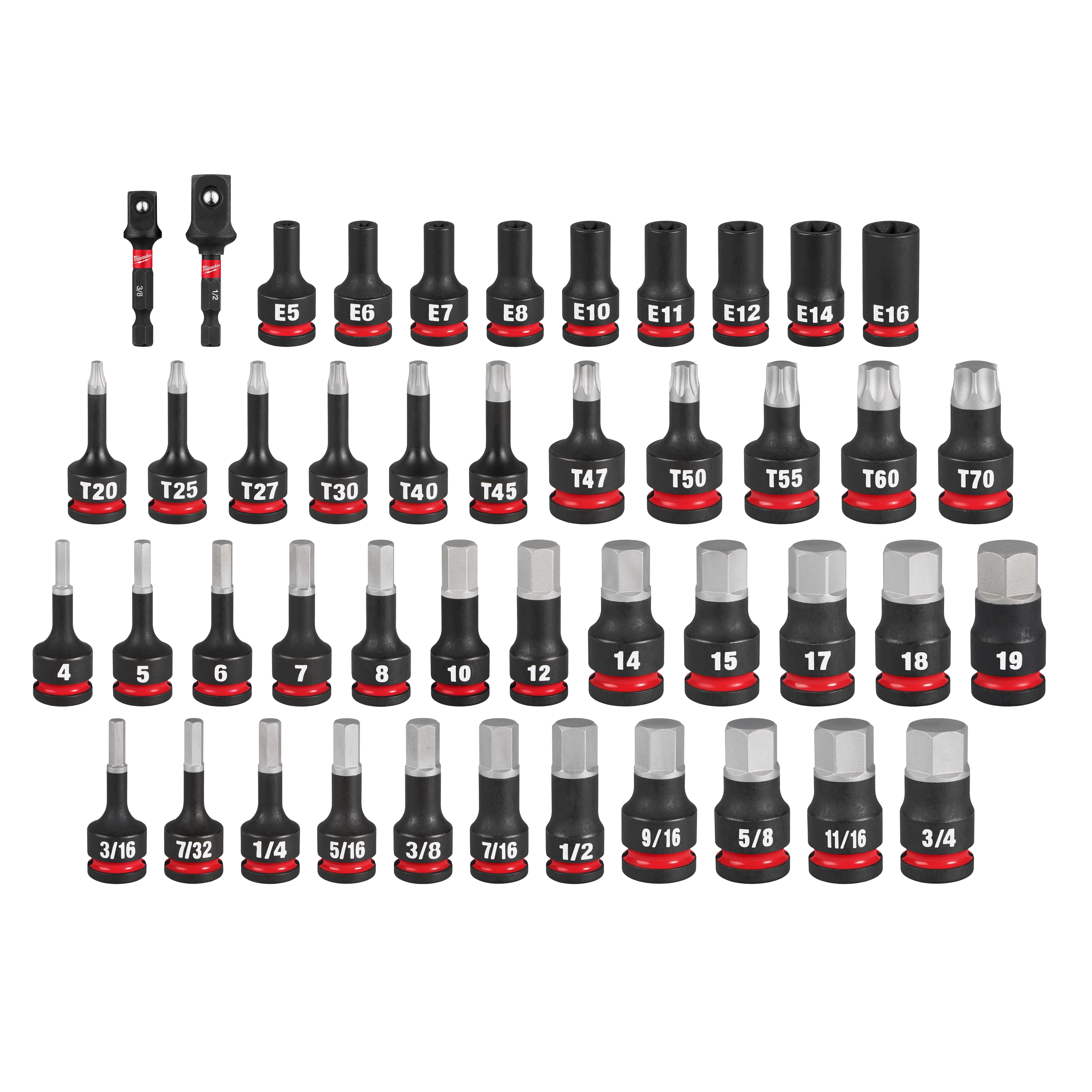45PC SHOCKWAVE Impact Duty Bit Socket Set includes a variety of 43 sockets and bits labeled with sizes and organized in rows.