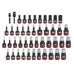 45PC SHOCKWAVE Impact Duty Bit Socket Set includes a variety of 43 sockets and bits labeled with sizes and organized in rows.