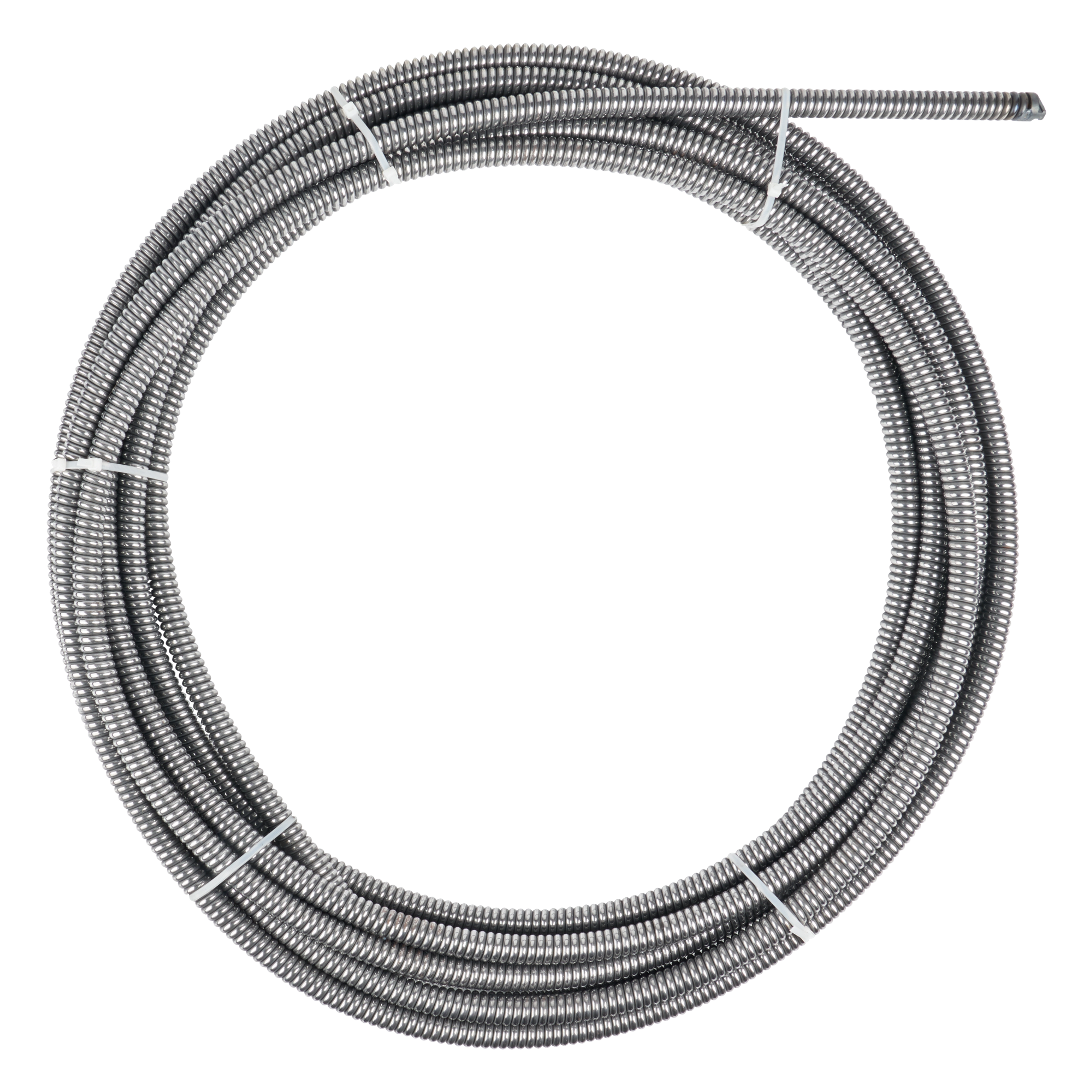 Gray 100-foot drain cleaning cable, coiled and secured with ties, designed for use with various drain cleaning machines.