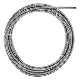 Gray 100-foot drain cleaning cable, coiled and secured with ties, designed for use with various drain cleaning machines.
