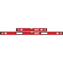 Two red Milwaukee REDSTICK Levels with black end caps and three yellow vials for accurate leveling, shown in different lengths.