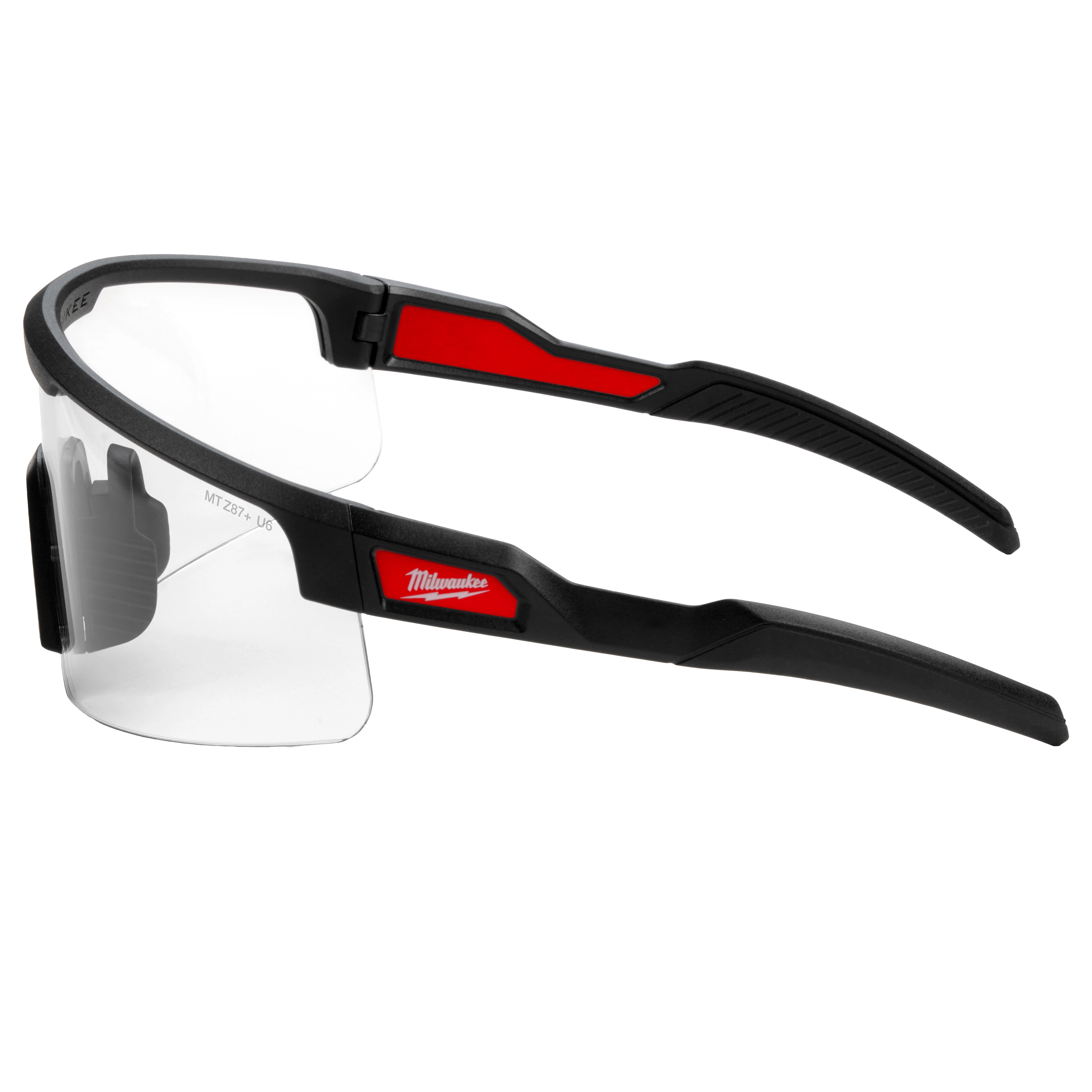 Wrap Around Safety Glasses with Clear Anti-Scratch Lenses feature a black and red frame. They are designed for eye protection in various environments, offering a secure fit and clear visibility.