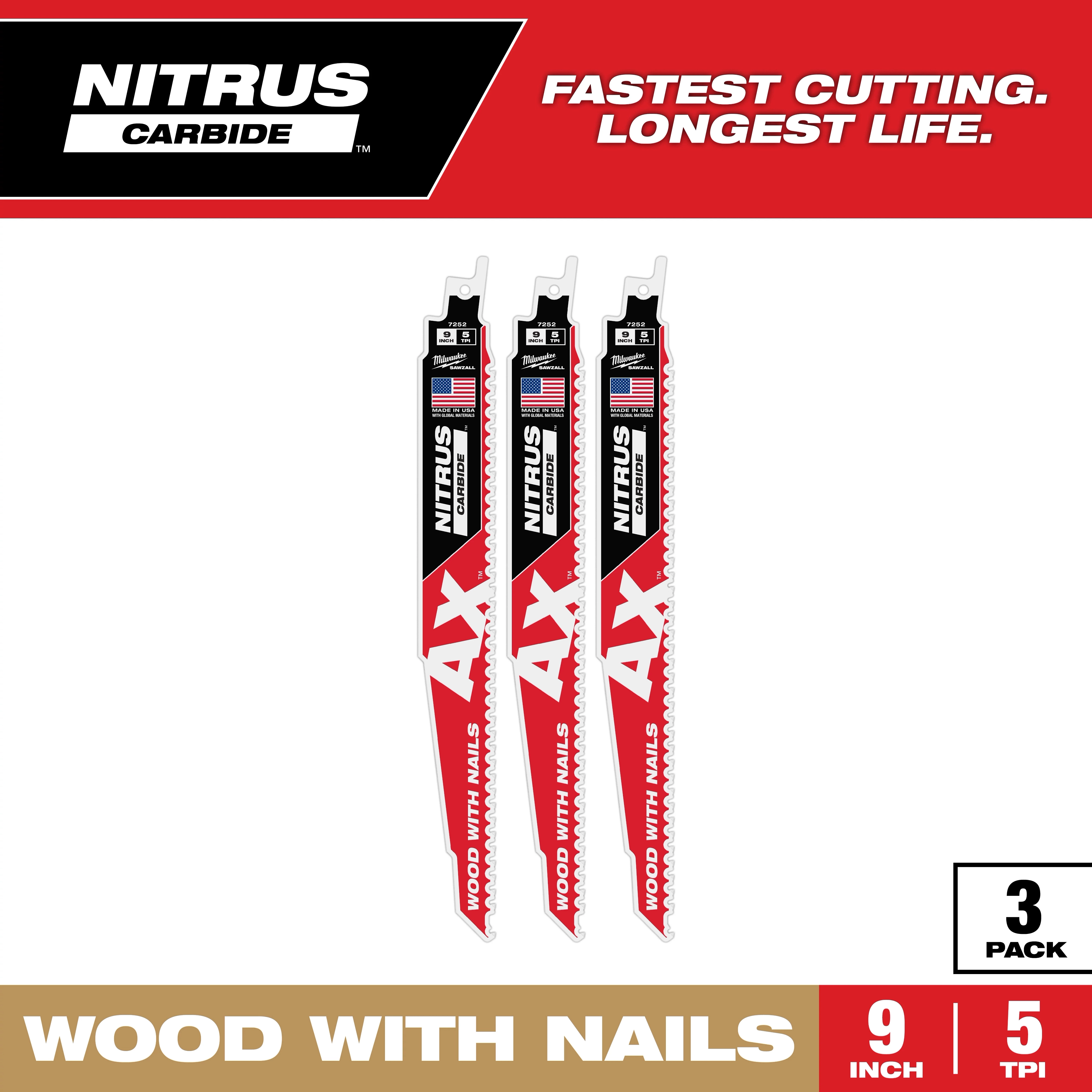 NITRUS Carbide 9-inch, 5 TPI AX Blade for Wood with Nails. The image shows a 3-pack of red and white SAWZALL blades.