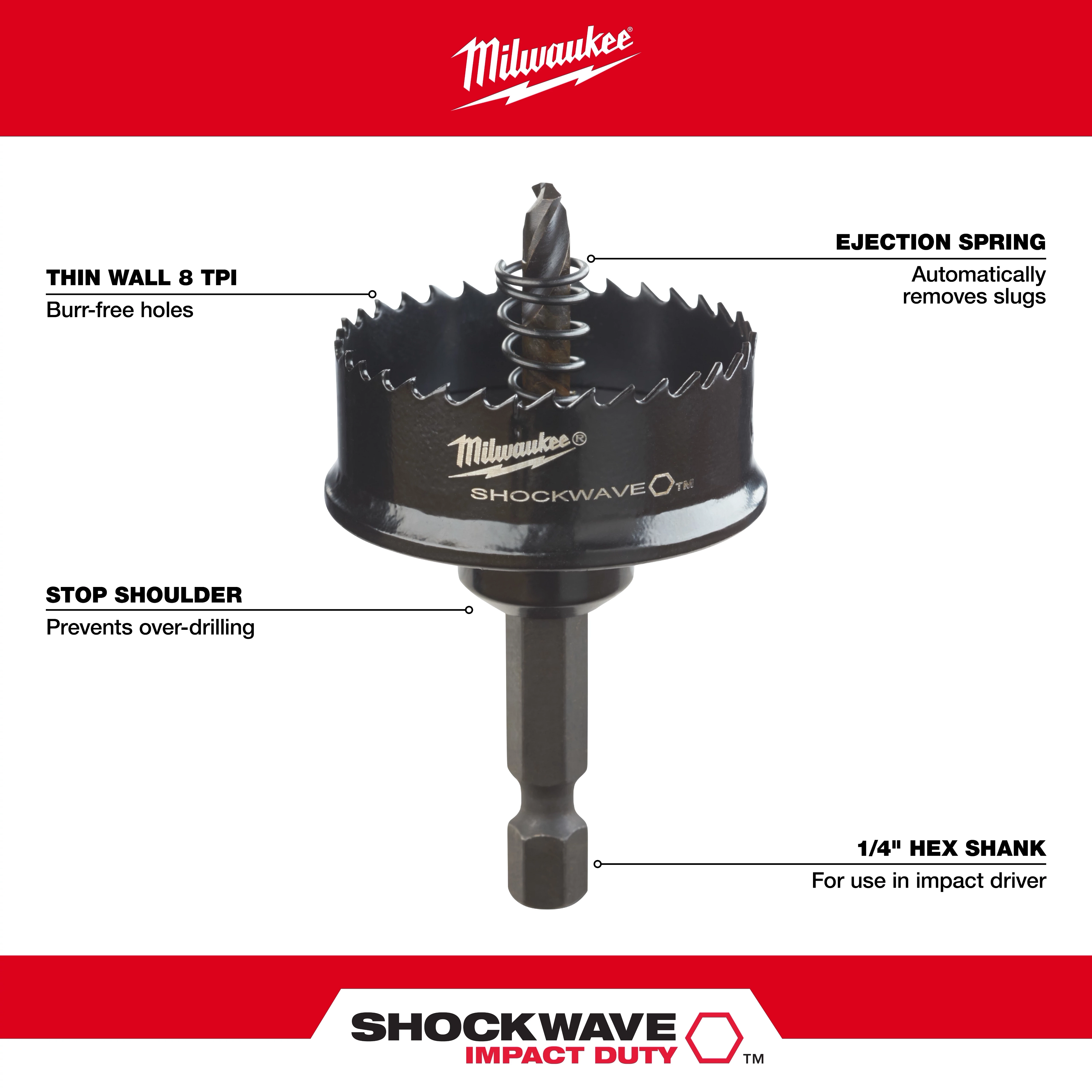 Milwaukee Shockwave Hole Saw features an ejection spring, stop shoulder, thin wall 8 TPI for burr-free holes, and a 1/4" hex shank.