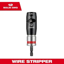 12 AWG Solid Wire Stripper is a black and silver tool designed for stripping 12-gauge solid wires. It features an adjustable blade and a hex shank for attachment.