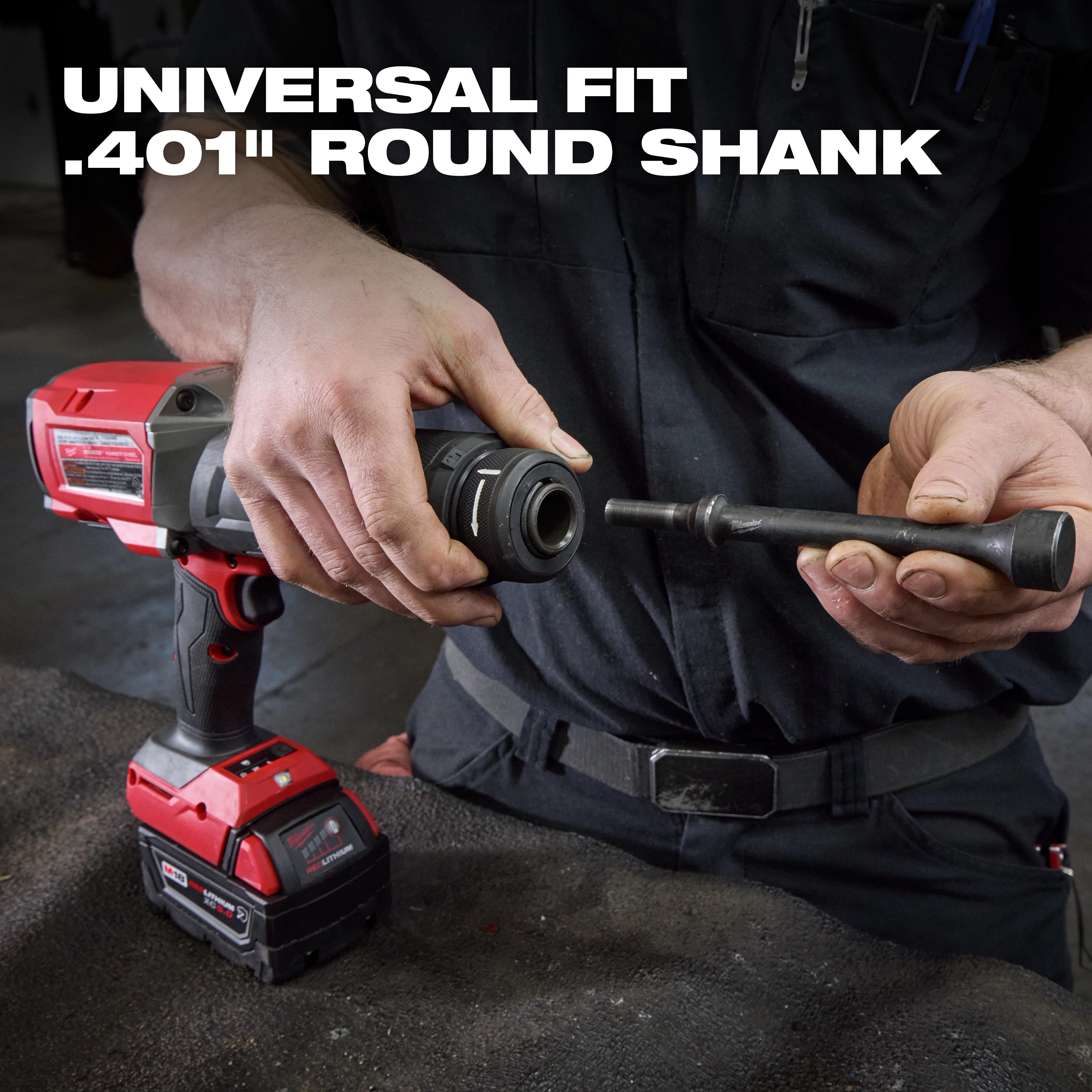 5PC Hammer Chisel Bit Set being inserted into a cordless power tool with text reading “UNIVERSAL FIT .401 ROUND SHANK.”