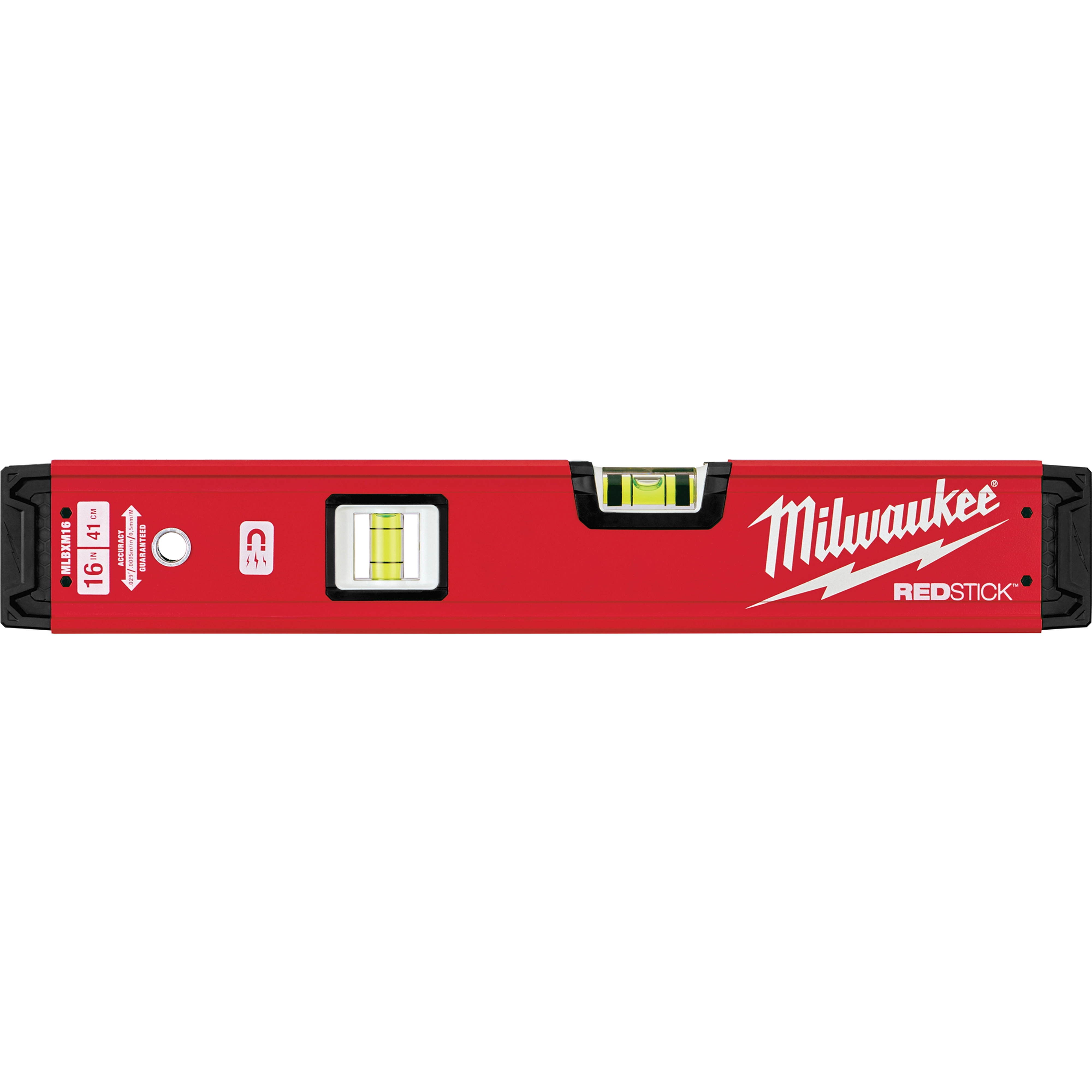 Milwaukee REDSTICK Level, in red, features three bubble vials for precision leveling and the Milwaukee logo on the right.