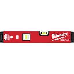 Milwaukee REDSTICK Level, in red, features three bubble vials for precision leveling and the Milwaukee logo on the right.