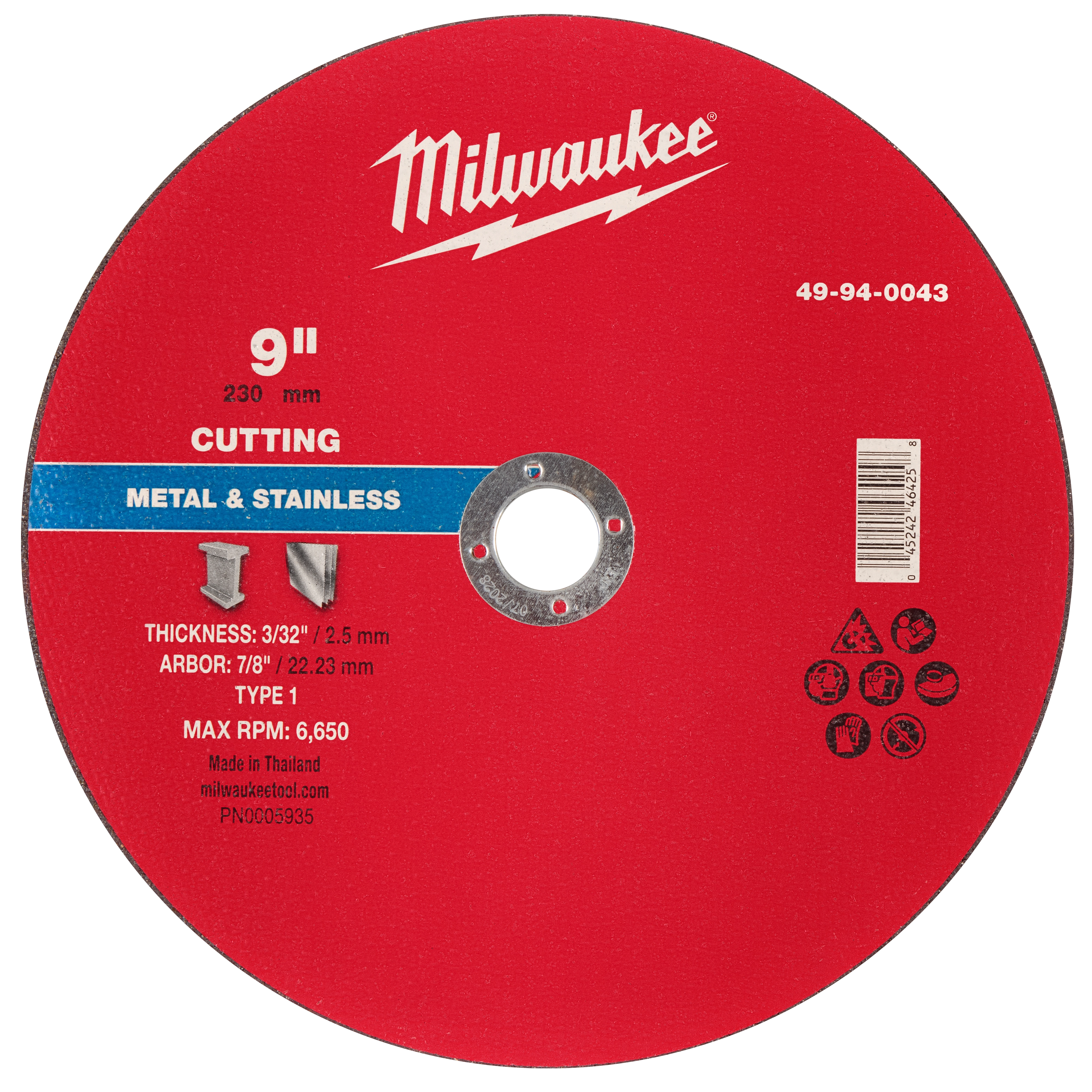 9" x 3/32" x 7/8" Metal Cut Off Wheel - Type 1 for cutting metal and stainless steel, with a maximum RPM of 6,650.