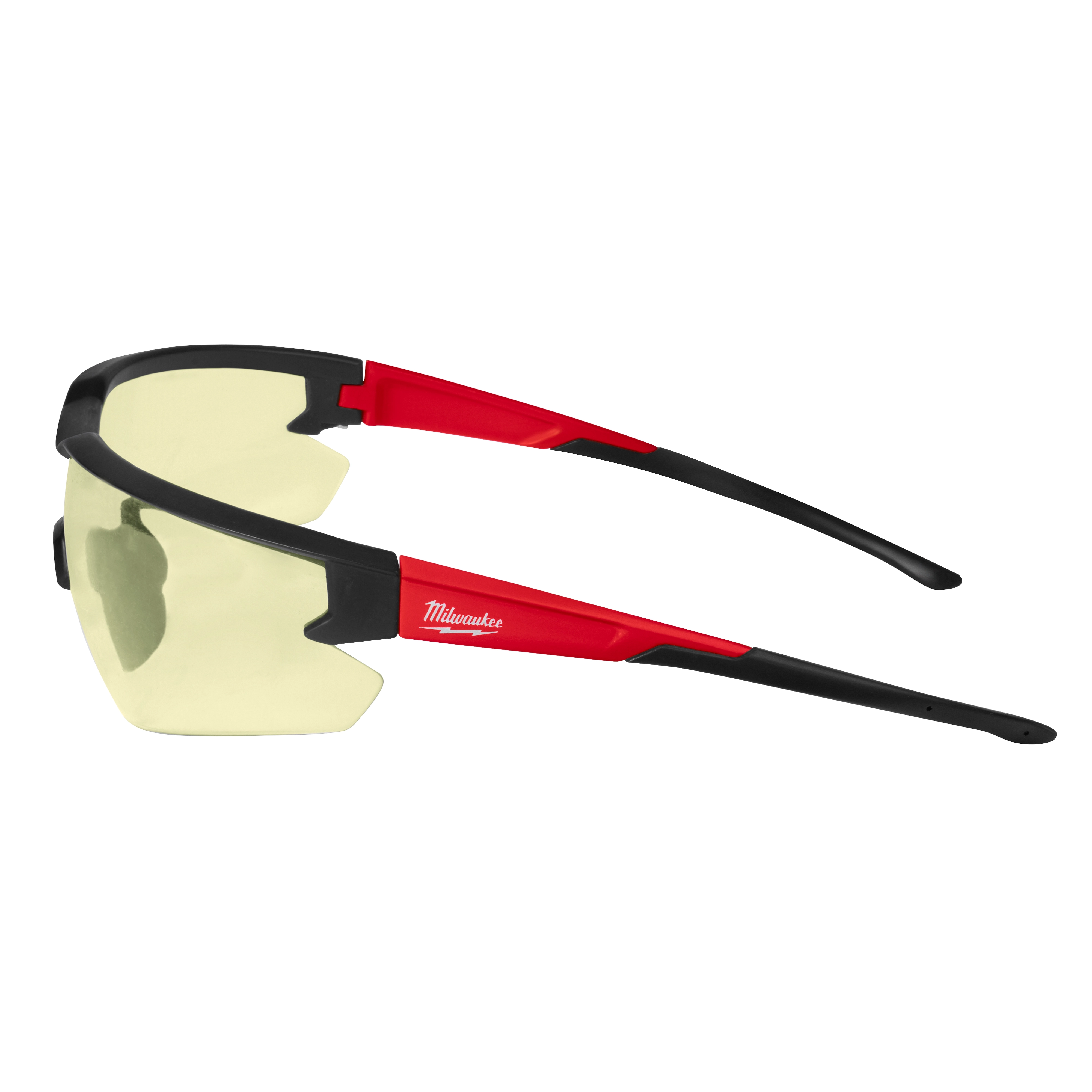 Safety Glasses - Yellow Anti-Scratch Lenses feature a sleek red and black frame designed to protect eyes from debris and impacts.