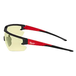 Safety Glasses - Yellow Anti-Scratch Lenses feature a sleek red and black frame designed to protect eyes from debris and impacts.
