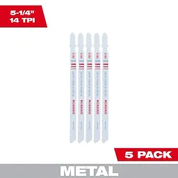 5-1/4" 14TPI T-Shank Metal Cutting Bi-Metal Jig Saw Blades 5PK in white with red stripes, arranged vertically.