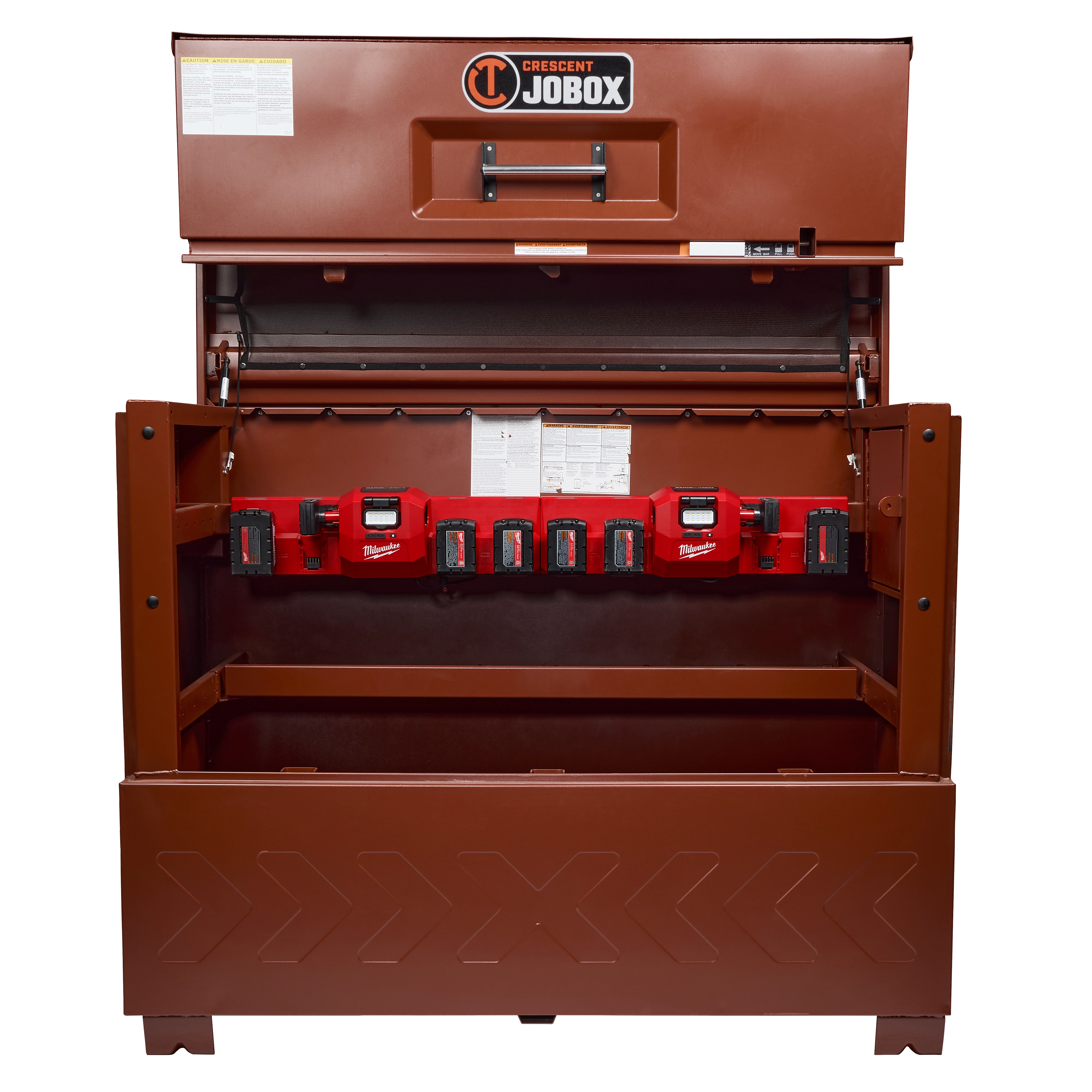 The image features the M18™ and M12™ Gangbox Rapid Charger installed inside a large brown tool chest labeled "Crescent JOBOX." The charger is equipped with six charging slots for batteries, with two red units visible in the middle.