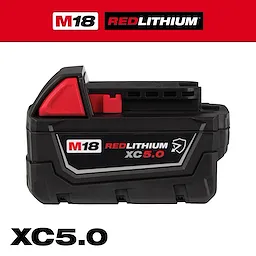 M18 REDLITHIUM XC5.0 RES BATTERY is a black, compact battery with a red release clip. It features the M18 branding and "REDLITHIUM XC5.0" on the side. The battery is designed for high performance and extended run time in Milwaukee power tools.
