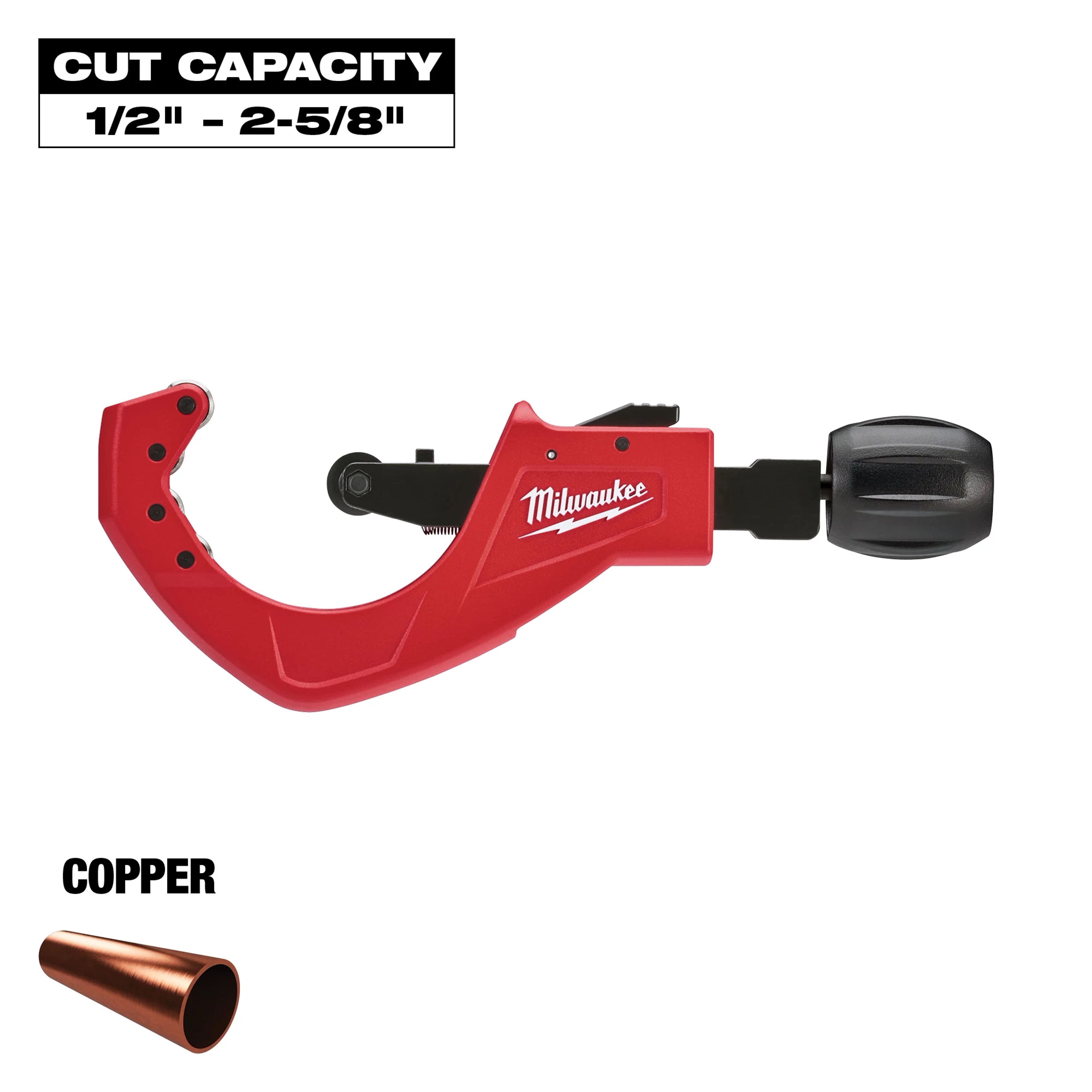 Milwaukee copper tubing cutter with a red body and black adjustable knob. The cut capacity is 1/2 inch to 2-5/8 inch. A copper pipe illustration is shown below the product.