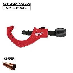 Milwaukee copper tubing cutter with a red body and black adjustable knob. The cut capacity is 1/2 inch to 2-5/8 inch. A copper pipe illustration is shown below the product.