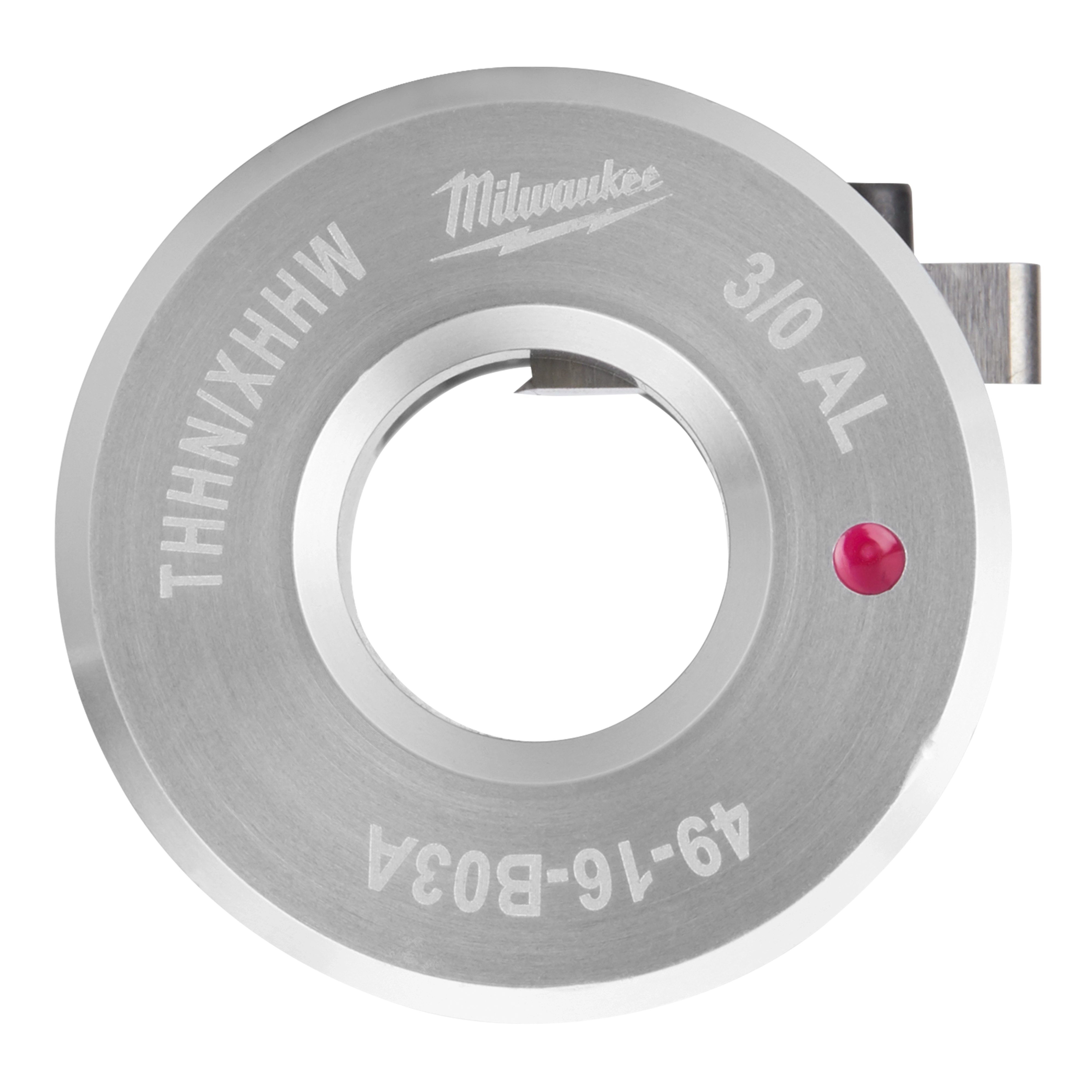 Milwaukee 49-16-8034 silver aluminum knockout punch with engraved labeling, a red indicator dot, and a circular shape.