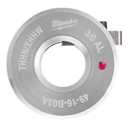 Milwaukee 49-16-8034 silver aluminum knockout punch with engraved labeling, a red indicator dot, and a circular shape.