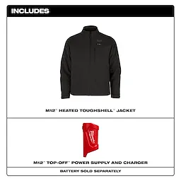 M12 Heated TOUGHSHELL Jacket in black, accompanied by an M12 Top-Off power supply and charger. Battery sold separately.