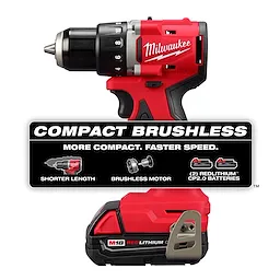 Milwaukee M18 Compact Brushless 1/2" Drill/Driver Kit with one drill and one REDLITHIUM CP2.0 battery. Features compact size and brushless motor.