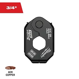 The image displays a 3/4" ZoomLock MAX® MaxiPro® Pivoting Press Ring, designed for ACR copper connections. The tool is black with various specifications printed on it.
