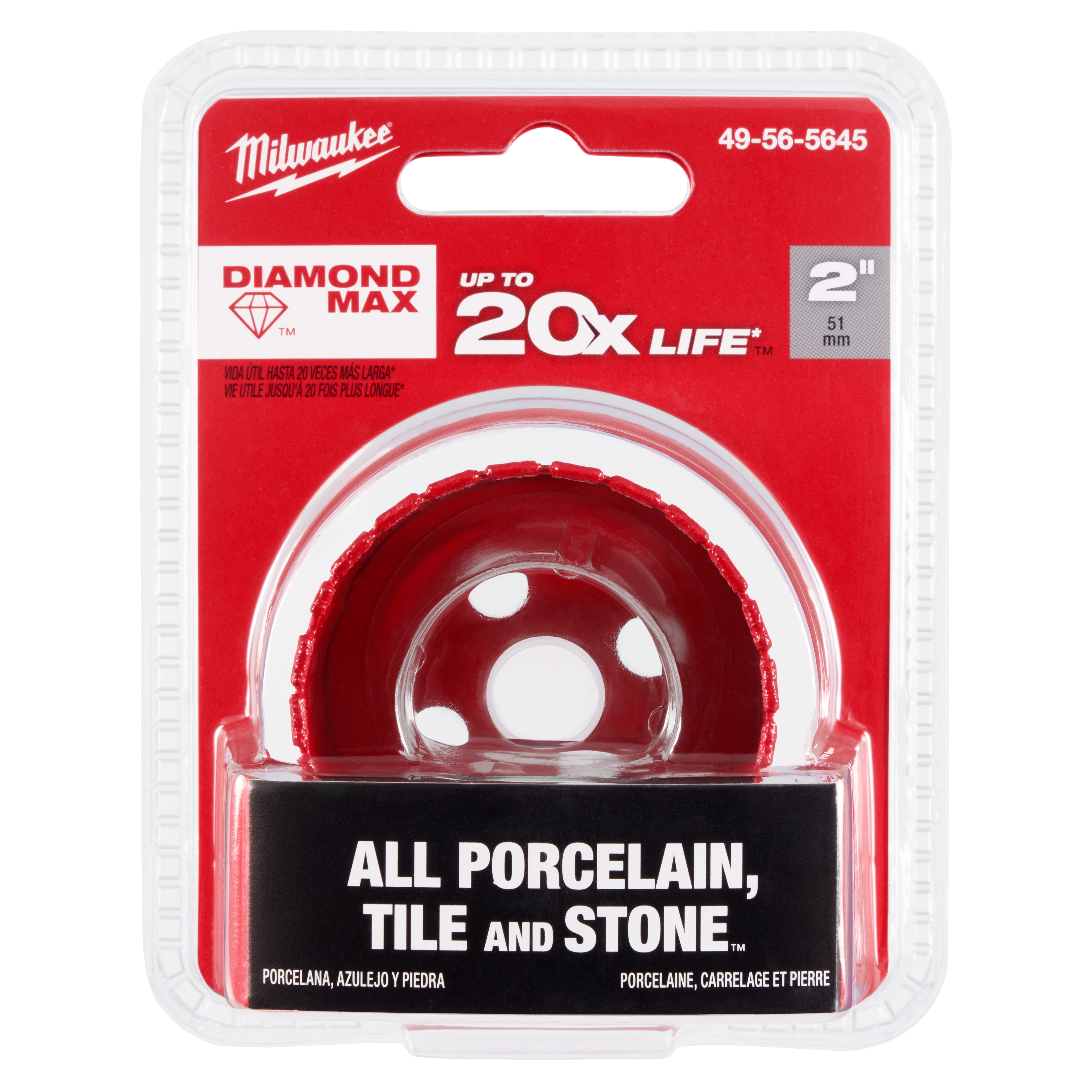 Milwaukee 2" DIAMOND MAX Hole Saw packaged in red and white, designed for cutting porcelain, tile, and stone.