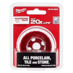Milwaukee 2" DIAMOND MAX Hole Saw packaged in red and white, designed for cutting porcelain, tile, and stone.
