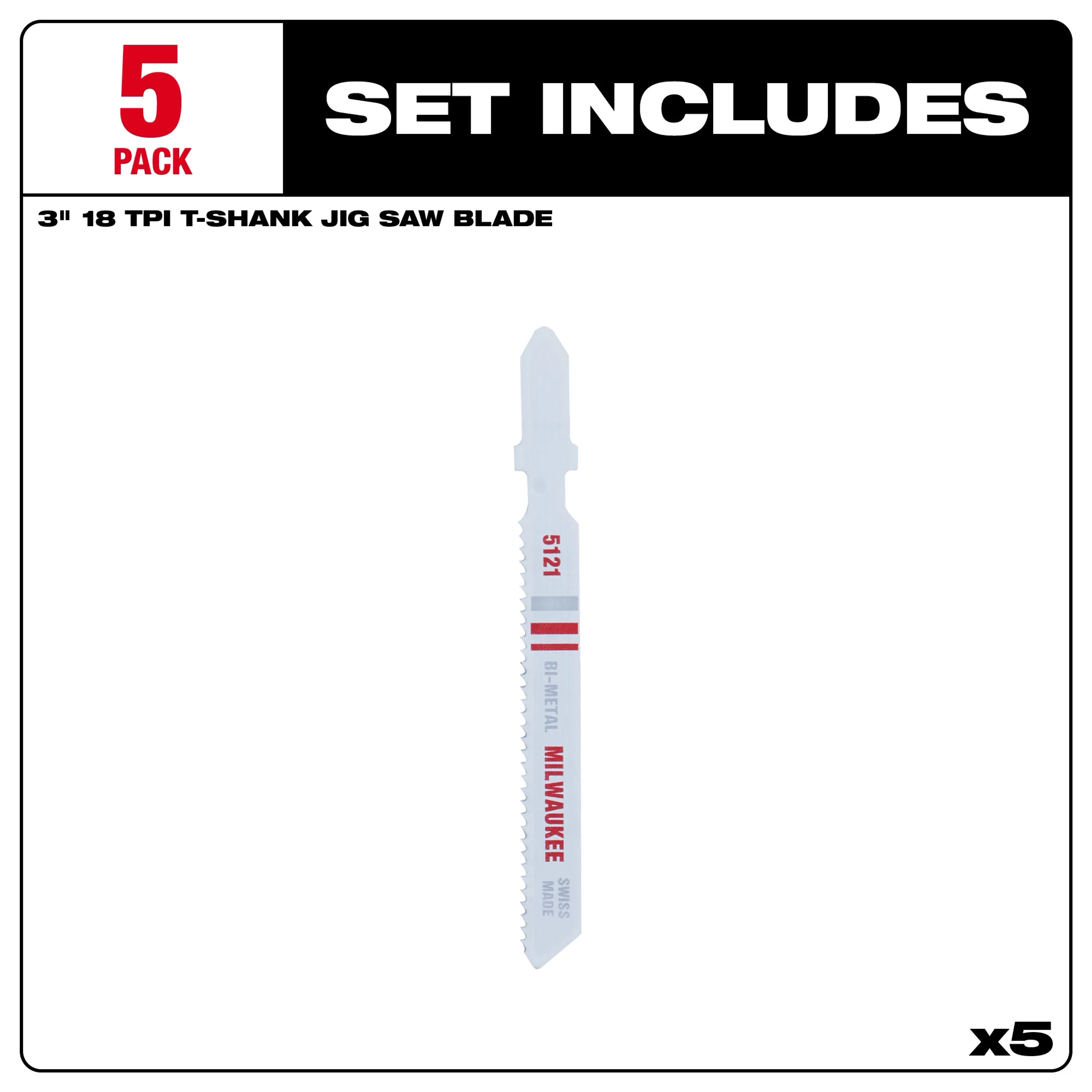 5-pack of 3-inch 18TPI T-Shank Metal Cutting Bi-Metal Jig Saw Blades designed for efficient metal cutting.