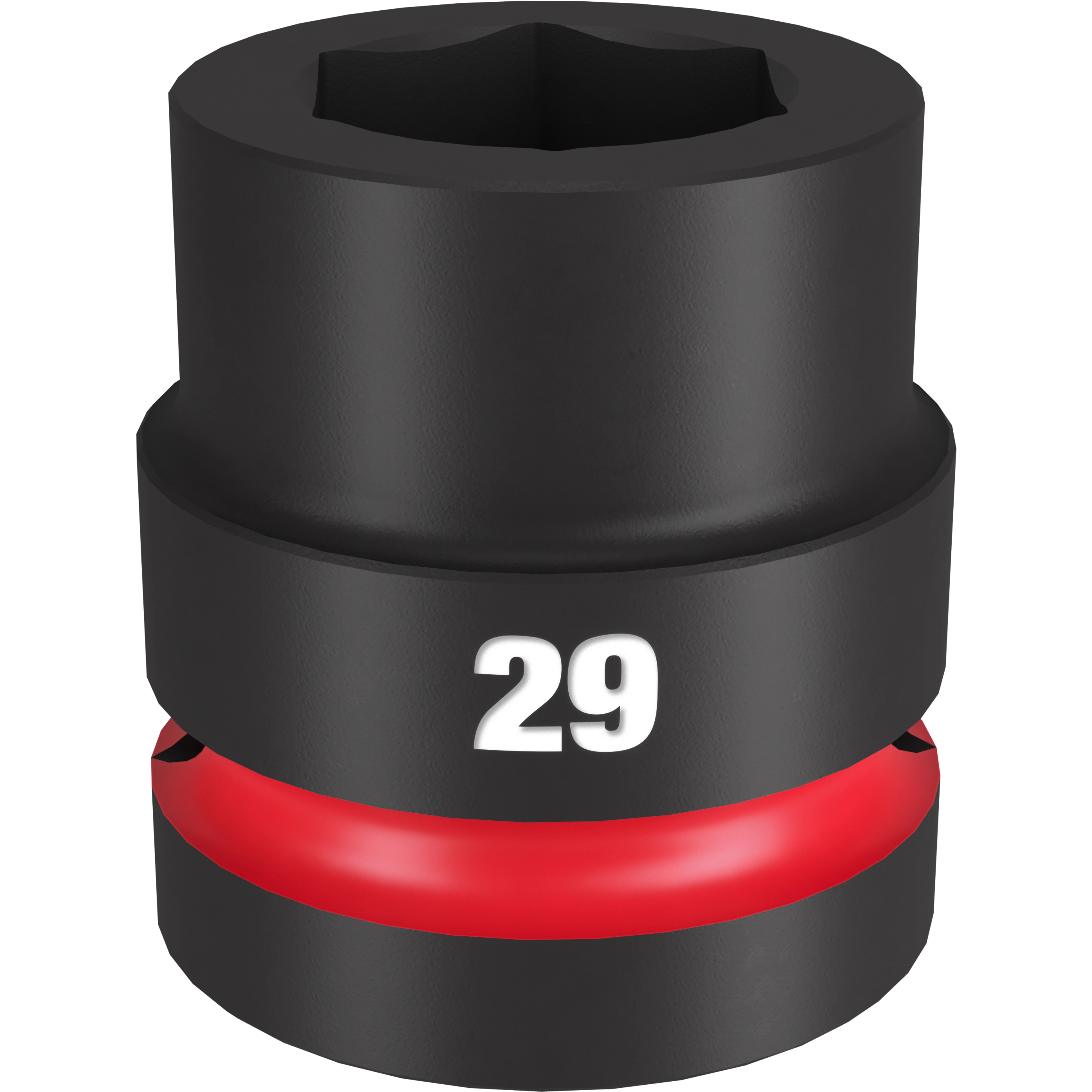 The 1" DR 29MM STD Impact Socket is a black, heavy-duty tool with a red band around its midsection. It features a hexagonal opening for bolts and the number 29 prominently displayed in white.
