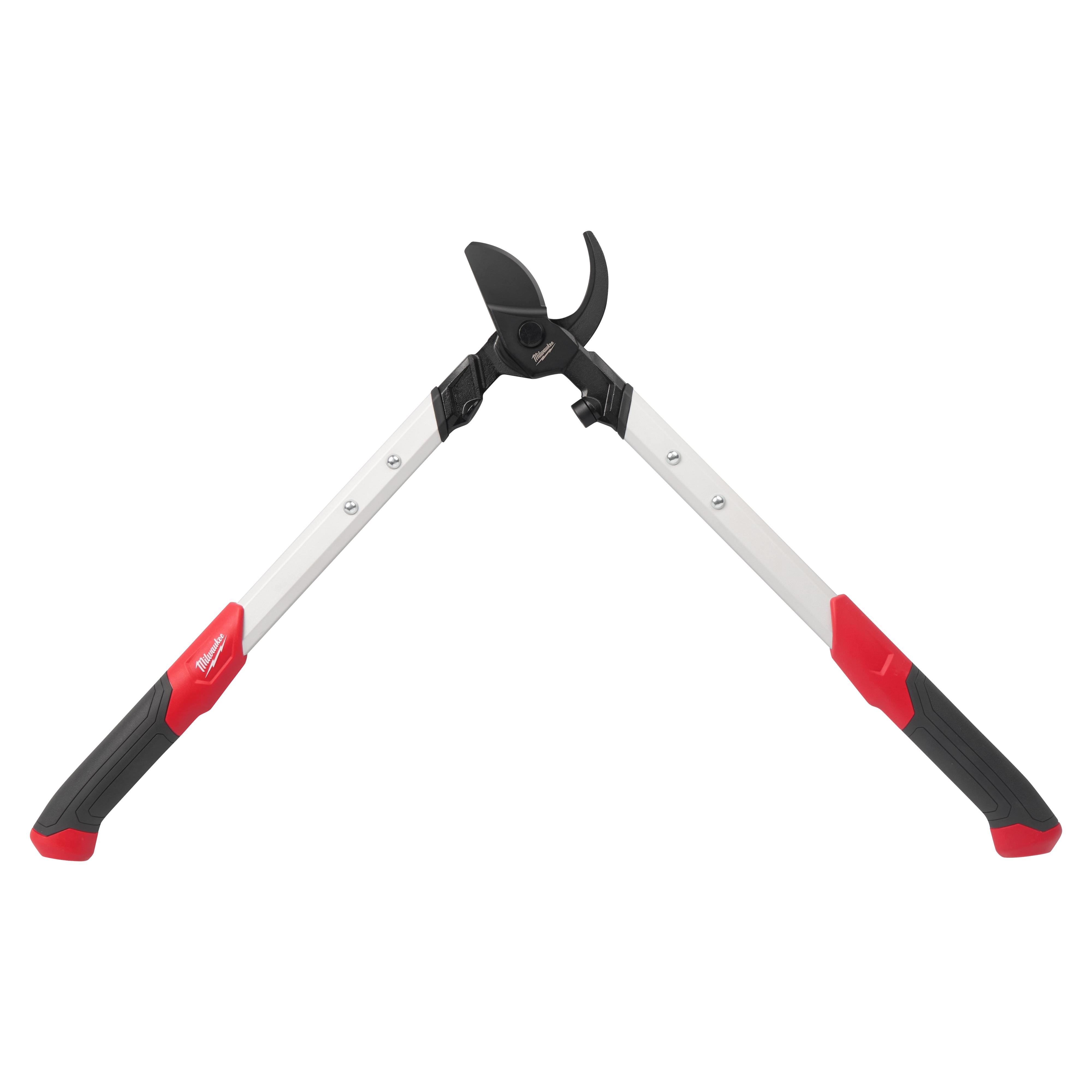 1-1/2” Loppers with extendable aluminum handles and red and black non-slip grips, featuring a ratcheting cutting mechanism.