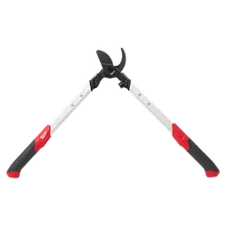 1-1/2” Loppers with extendable aluminum handles and red and black non-slip grips, featuring a ratcheting cutting mechanism.