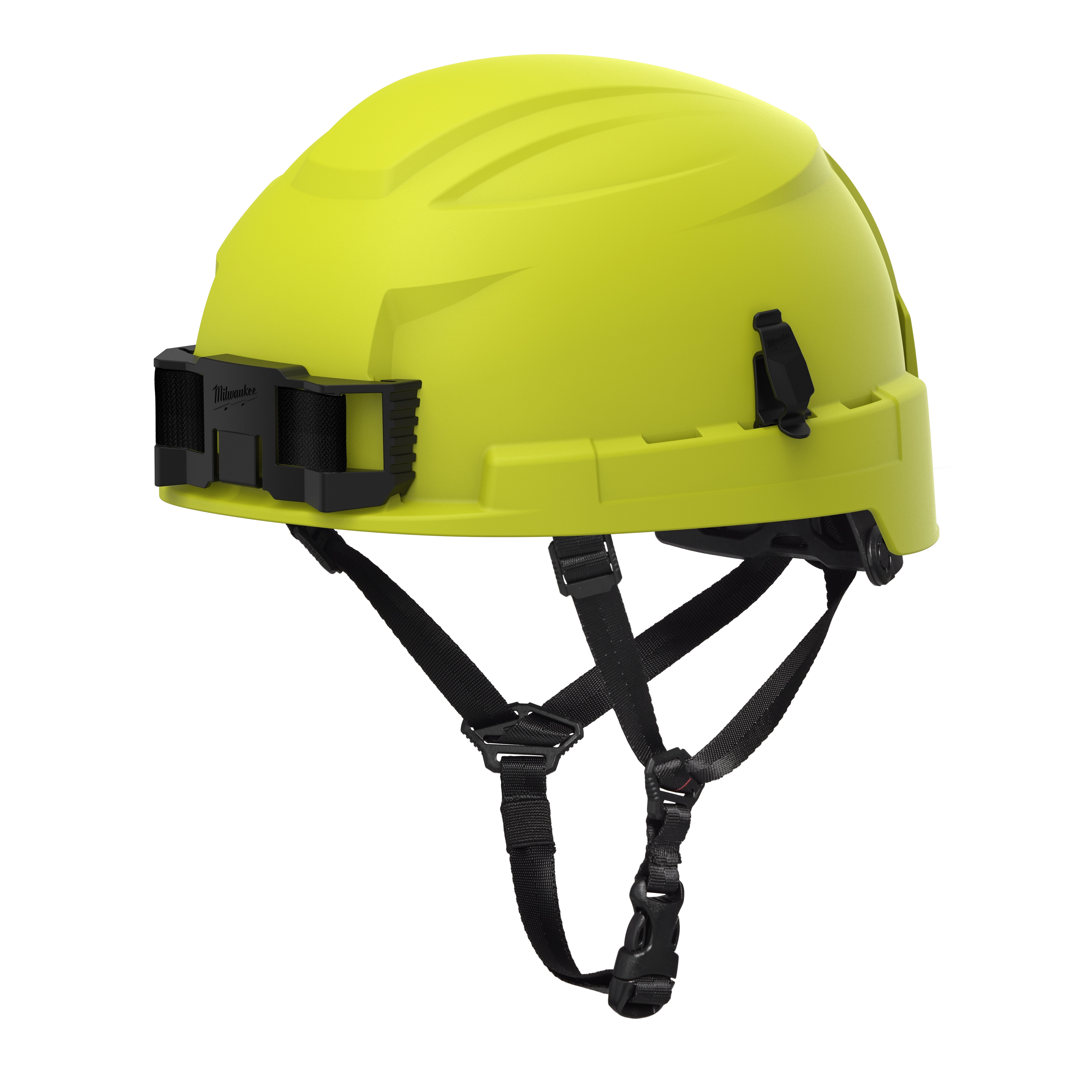 BOLT™ Hi-Viz Green Safety Helmet features a 4-point ratcheting suspension system. It is Type 2, Class E compliant and has adjustable chin straps for a secure fit. The helmet includes slots for accessories and provides enhanced visibility for safety in various work environments.