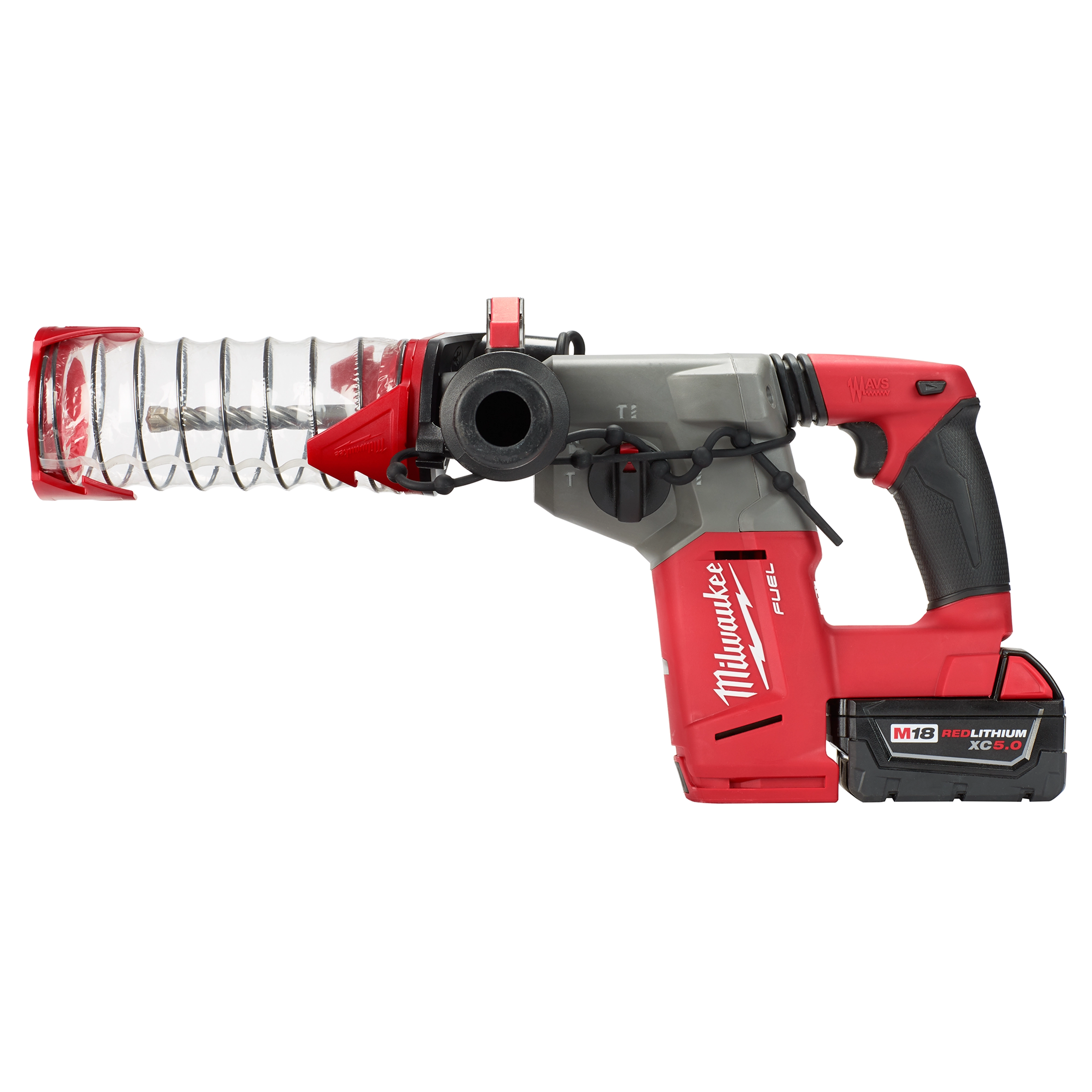 Milwaukee M18 Fuel SDS%2B%20DUST%20TRAP Drilling Shroud attached to a cordless rotary hammer drill with a black and red design.