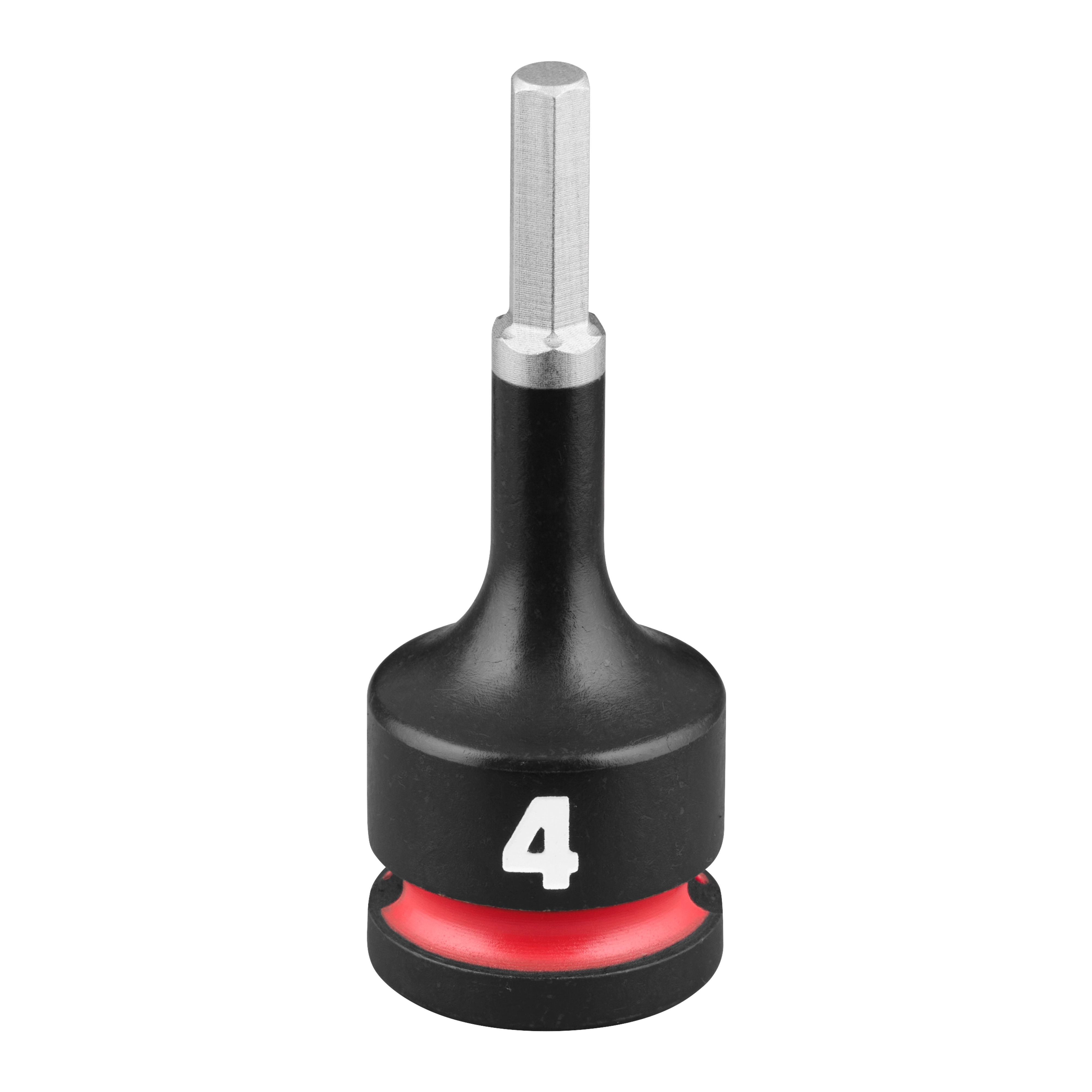 The SHOCKWAVE Impact Duty 3/8" Drive 2" Hex 4mm Bit Socket is a durable tool with a black finish, a hexagonal shaft, and a visible red ring near the base.