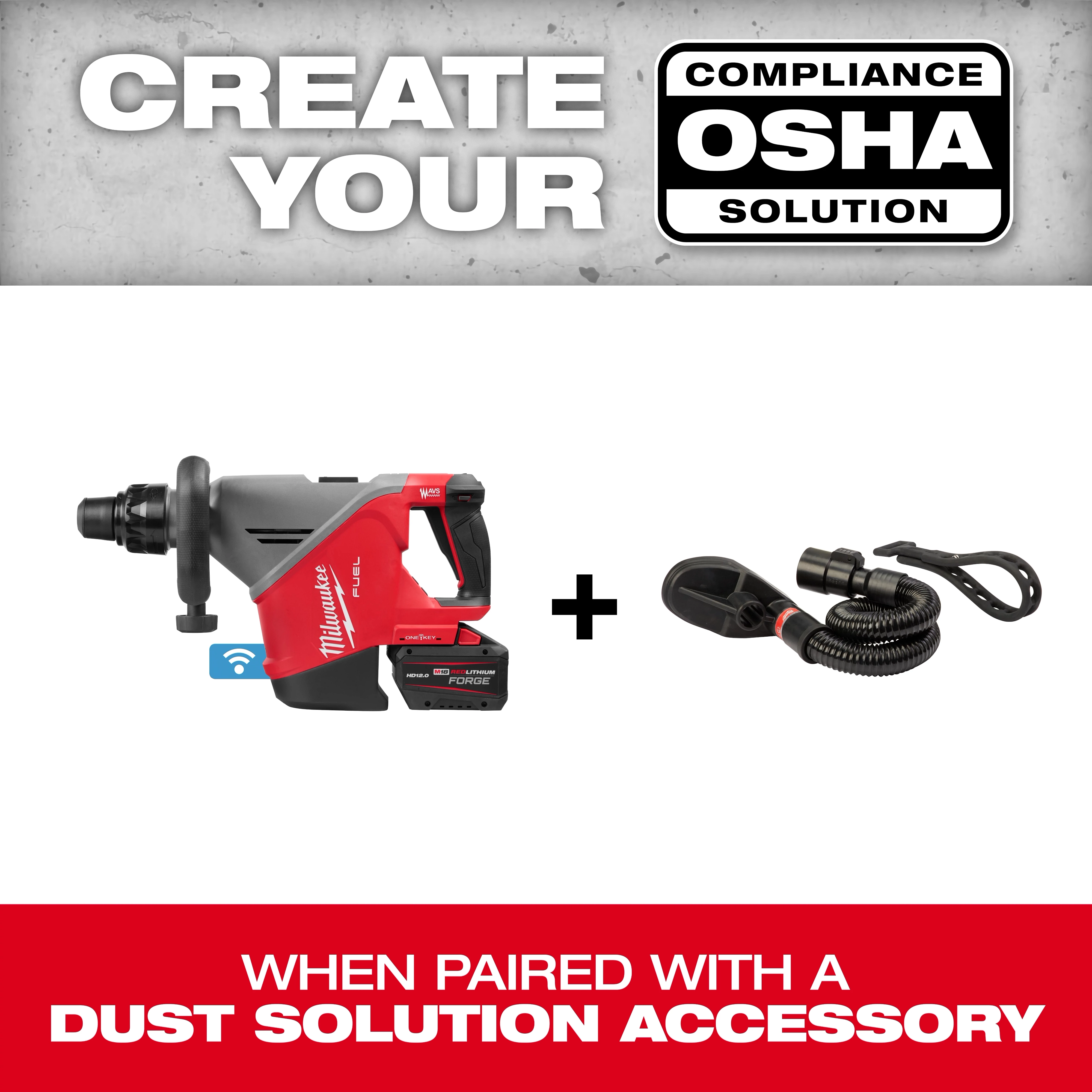 M18 FUEL 18 lb SDS MAX Demolition Hammer Kit w/ ONE-KEY shown beside a dust solution accessory hose.
