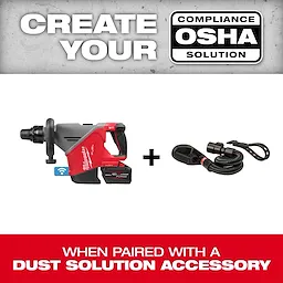 M18 FUEL 18 lb SDS MAX Demolition Hammer Kit w/ ONE-KEY shown beside a dust solution accessory hose.