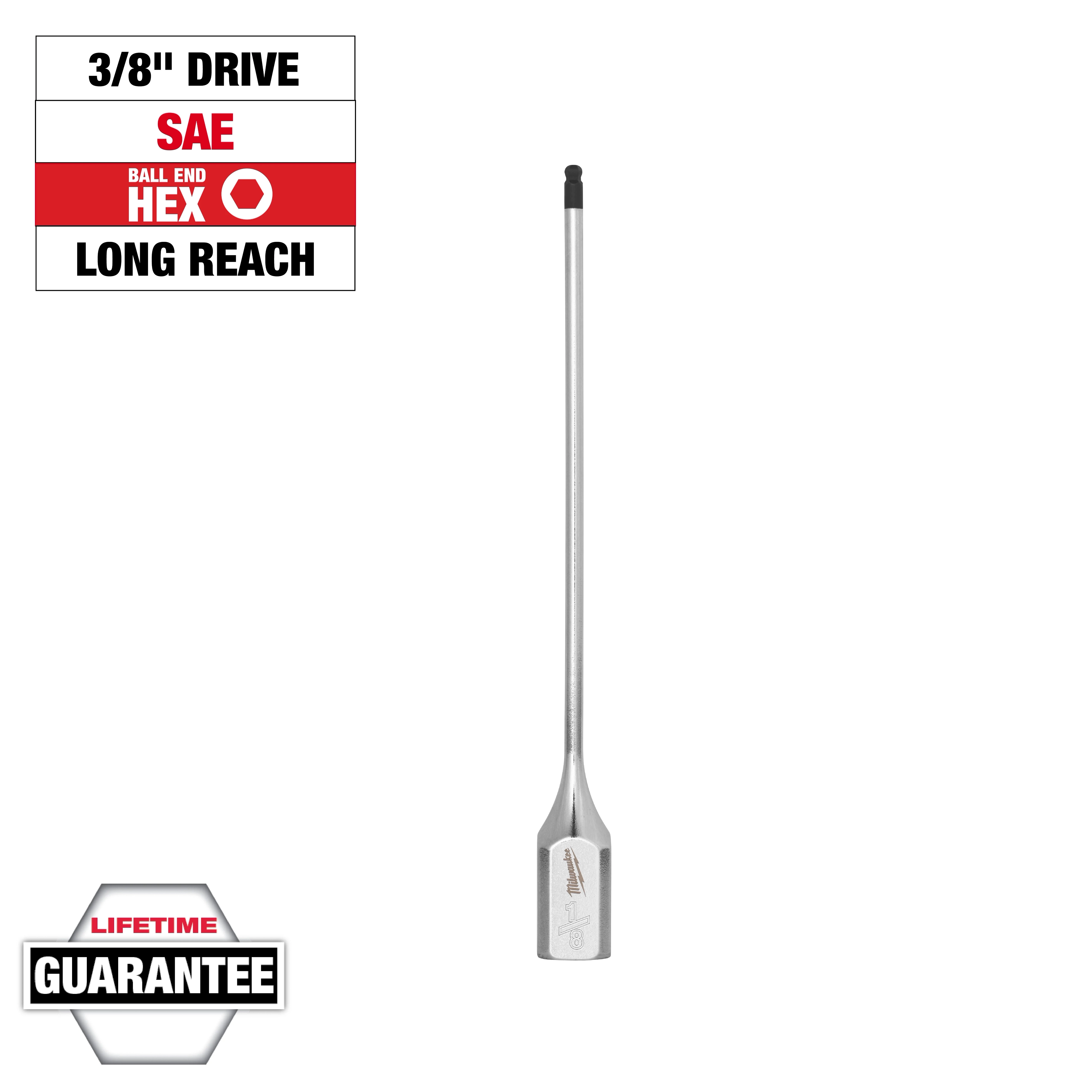 3/8" Drive 1/8" Long Ball End Hex Bit Socket with SAE specification and lifetime guarantee, features a long reach design.