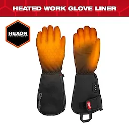 Heated Work Glove Liners with Hexon Heat Technology are black, extend past the wrist, and feature an orange heating pattern on the hand.
