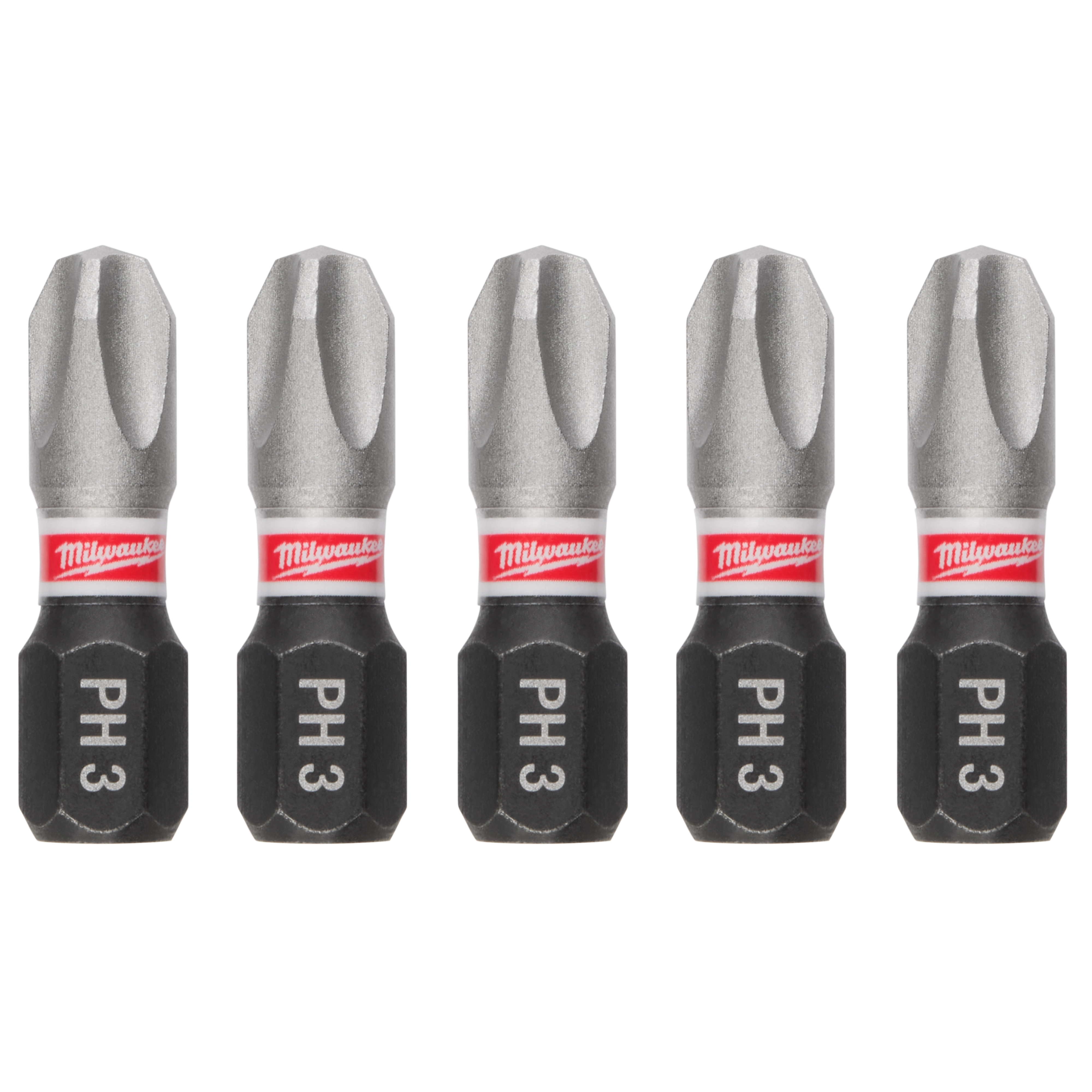 The image shows five SHOCKWAVE™ 1" Impact Duty Phillips #3 Insert Bits (5 PK). Each bit has a silver tip, black base with "PH 3" inscribed, and a red band with the Milwaukee logo.