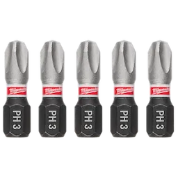 The image shows five SHOCKWAVE™ 1" Impact Duty Phillips #3 Insert Bits (5 PK). Each bit has a silver tip, black base with "PH 3" inscribed, and a red band with the Milwaukee logo.