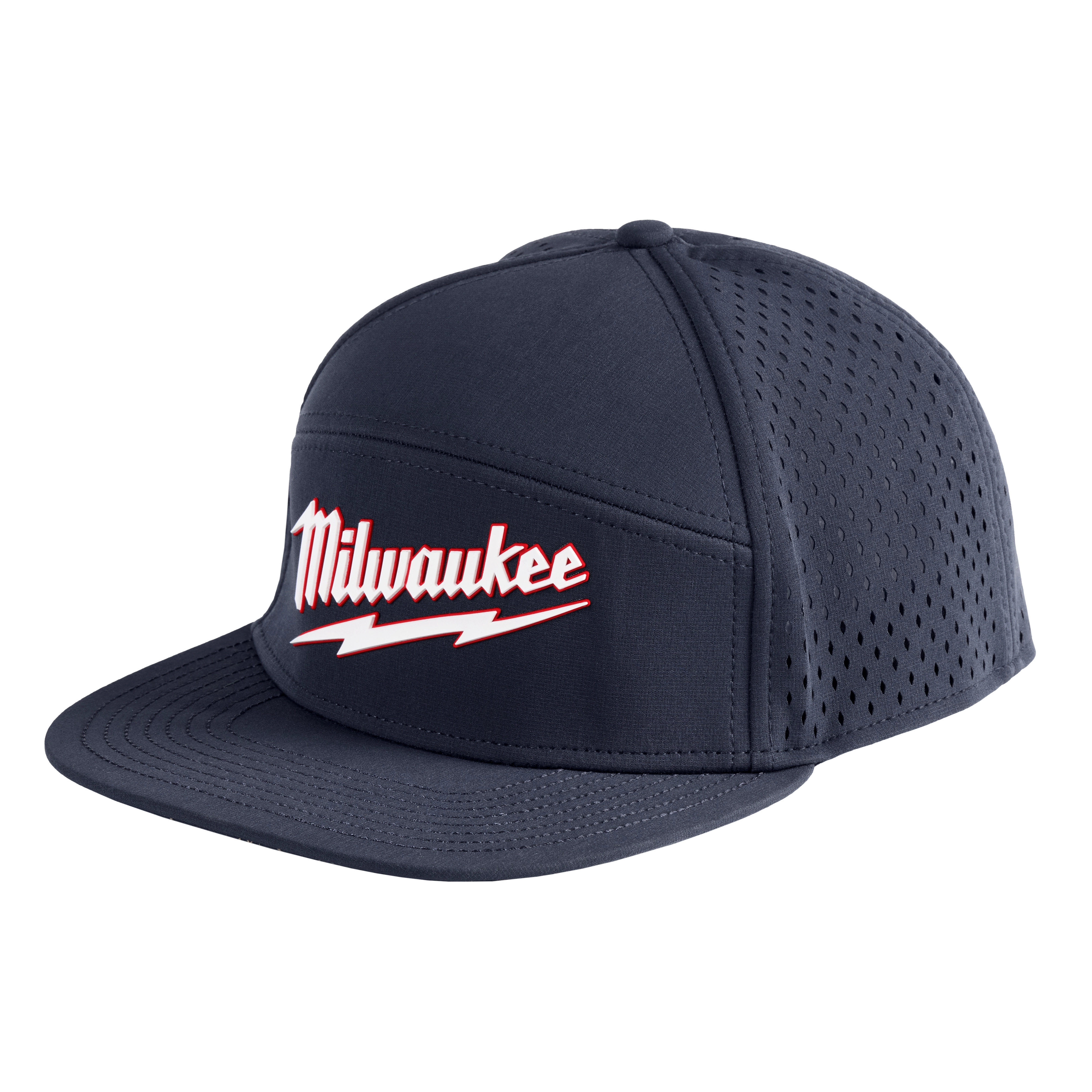 Flat Brim Snapback hat in dark blue with breathable mesh sides, featuring the word "Milwaukee" in red and white on the front.