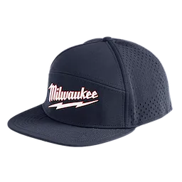 Flat Brim Snapback hat in dark blue with breathable mesh sides, featuring the word "Milwaukee" in red and white on the front.