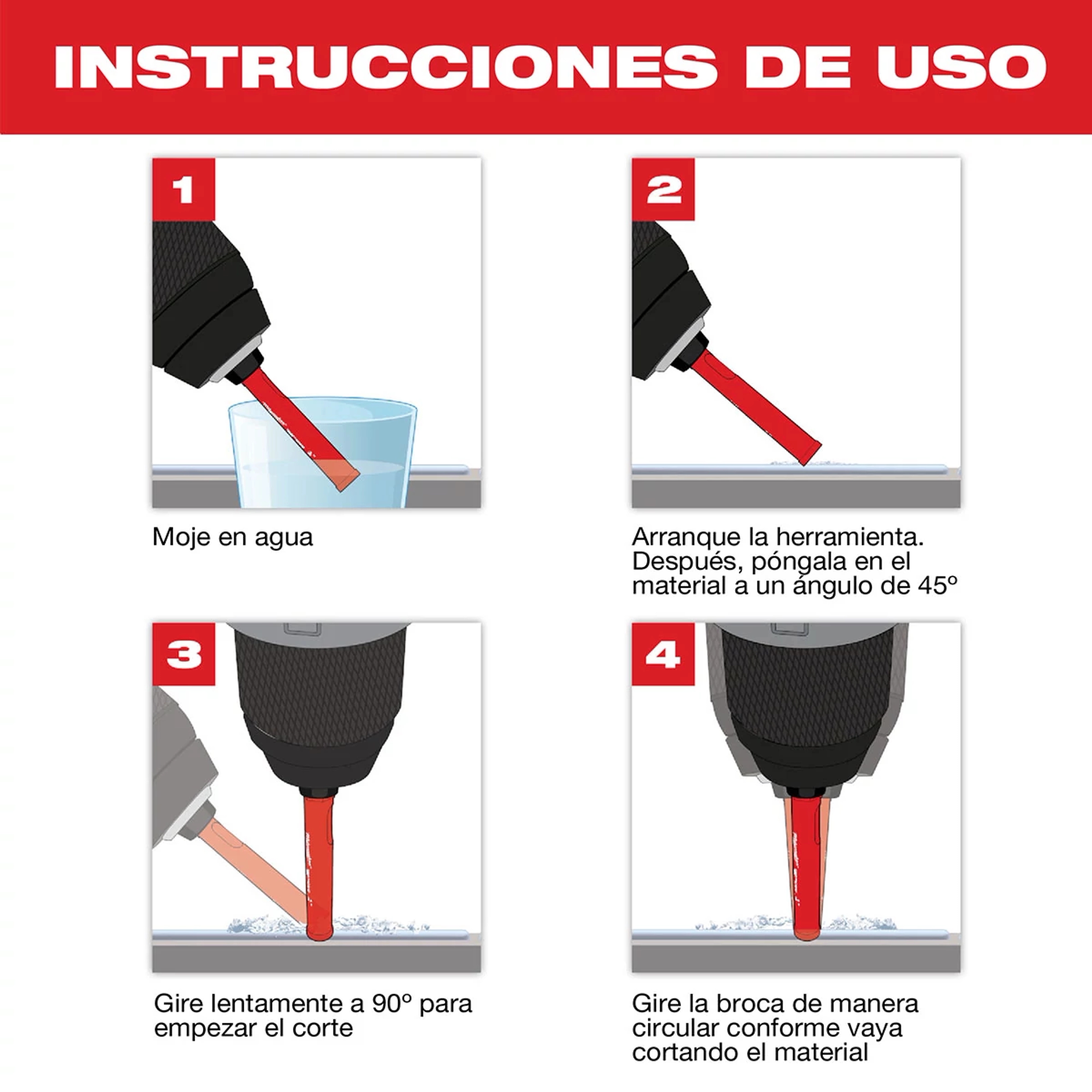 Instrucciones%20Para%20Brocas%20Diamond%20Max usage instructions in Spanish. Shows steps for wetting, starting tool, cutting, and drilling.