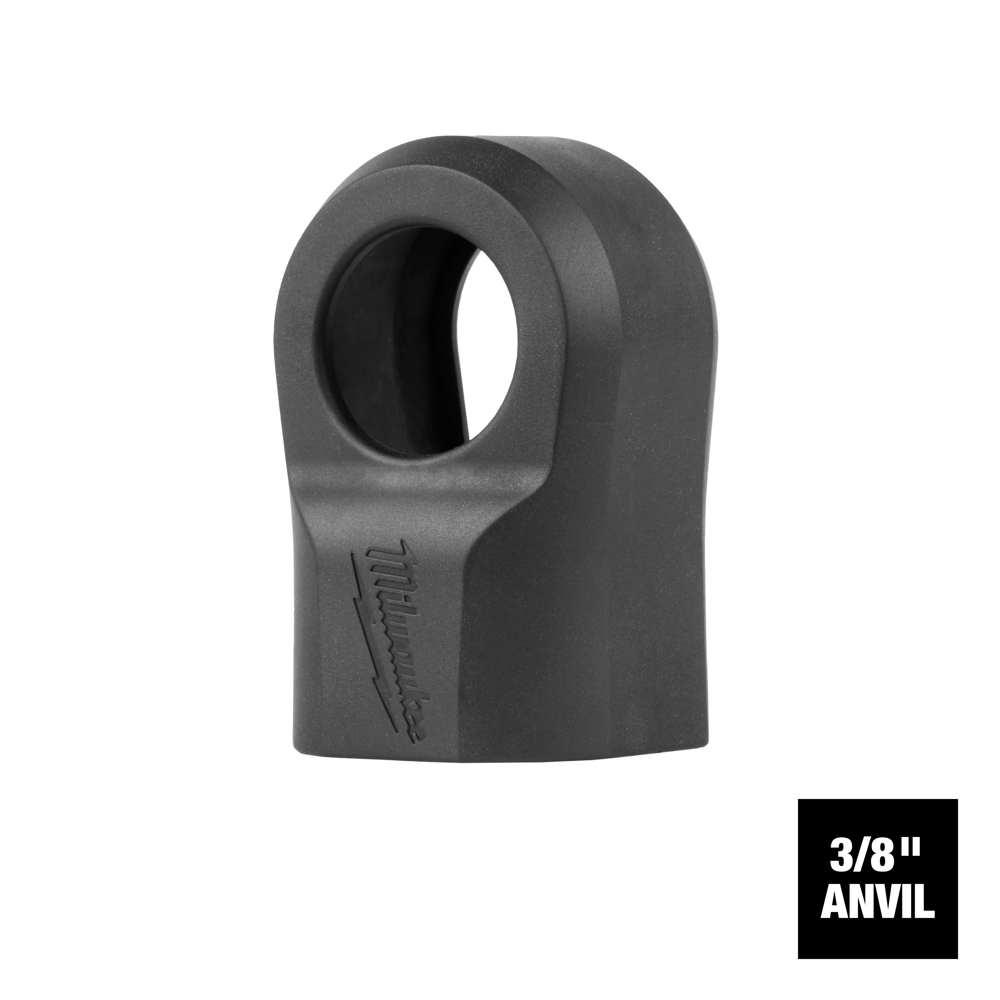 The M12 FUEL™ 3/8” Ratchet Protective Boot is a black rubber covering designed to protect the tool from wear. The ergonomic shape fits securely around the ratchet, and the Milwaukee logo is visible on the front. A label in the bottom right corner says "3/8'' Anvil."