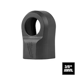 The M12 FUEL™ 3/8” Ratchet Protective Boot is a black rubber covering designed to protect the tool from wear. The ergonomic shape fits securely around the ratchet, and the Milwaukee logo is visible on the front. A label in the bottom right corner says "3/8'' Anvil."