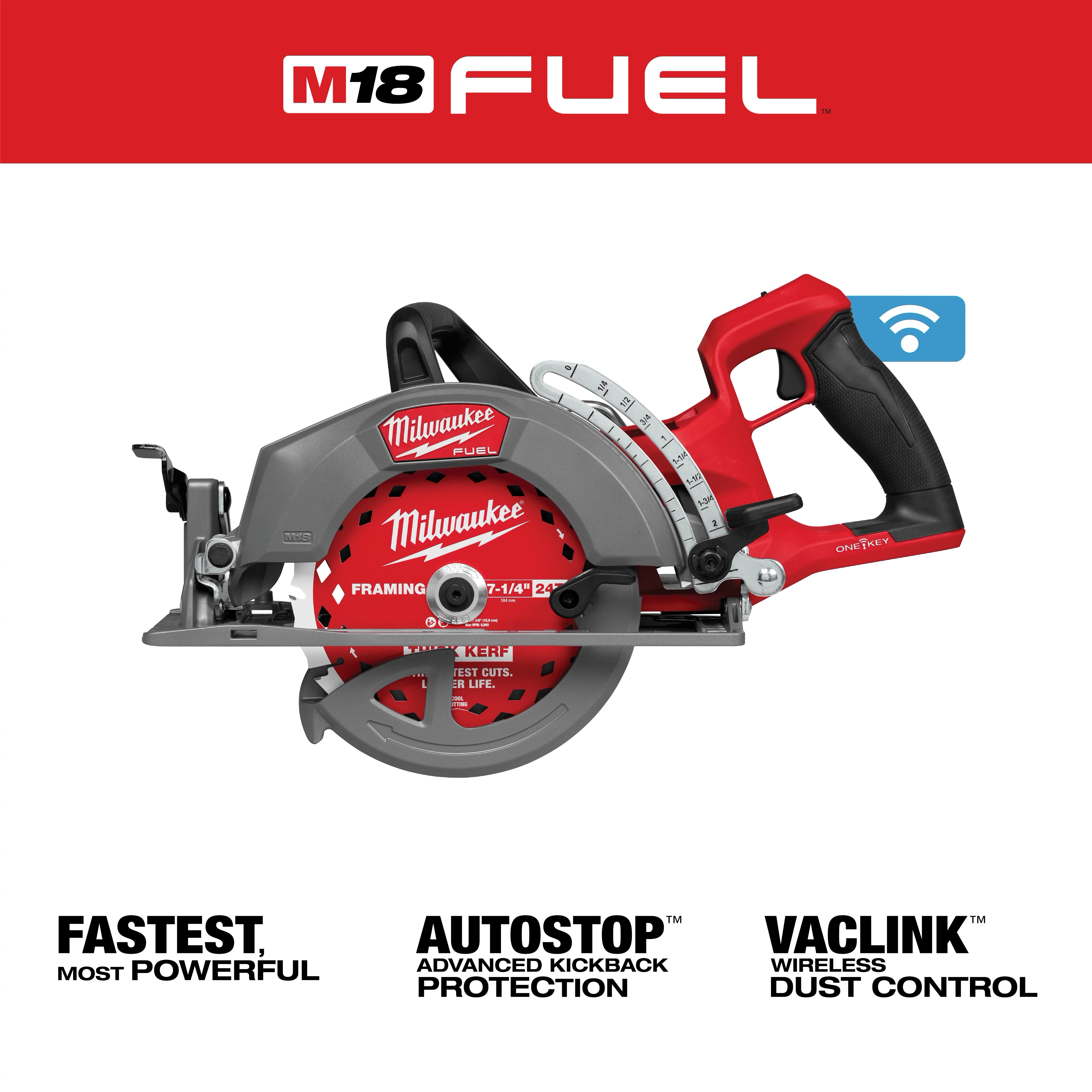 Milwaukee M18 FUEL 7-1/4" Rear Handle Circular Saw w/ONE-KEY. Red and gray design with ergonomic handle. Fastest, Autostop, Vaclink features shown.