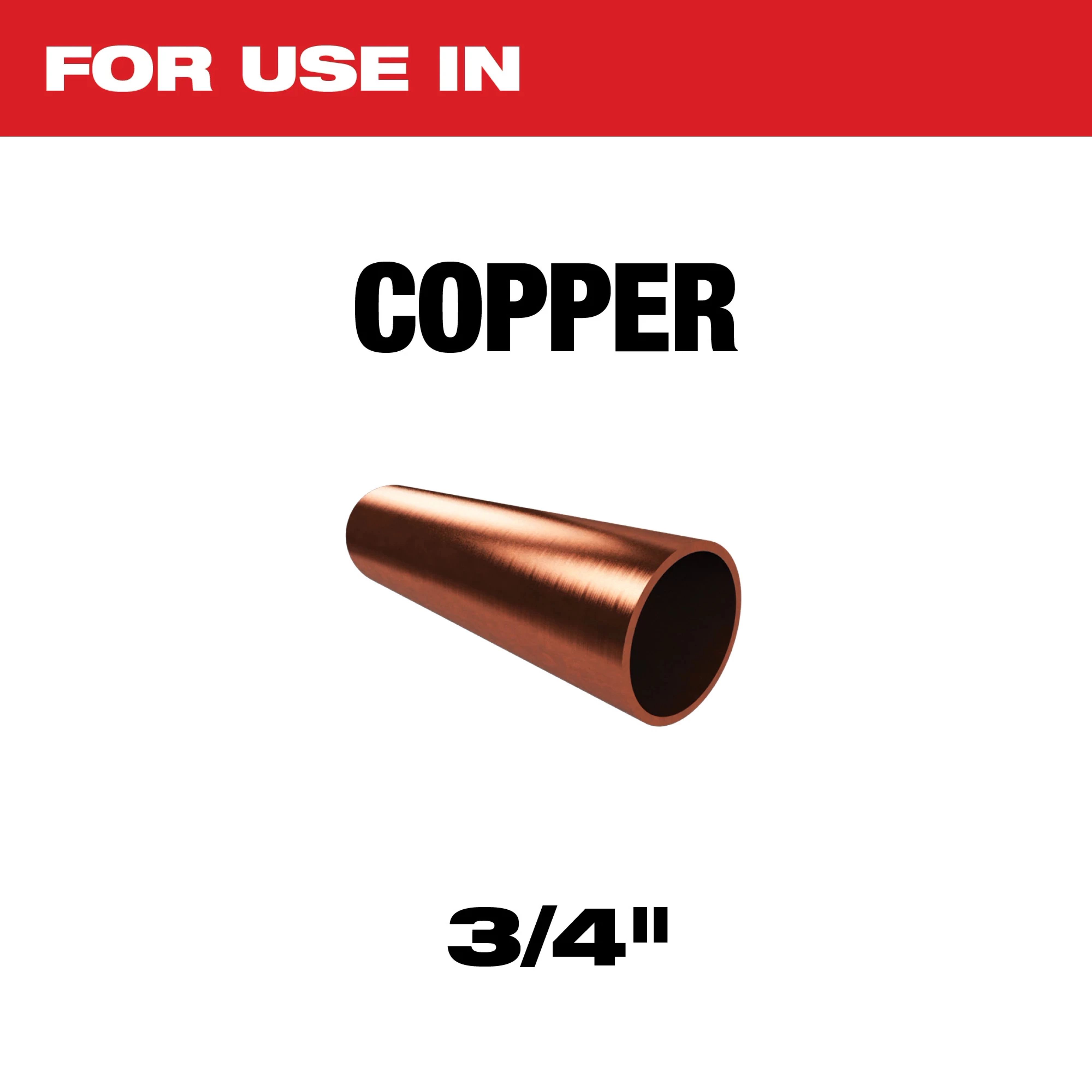 Copper 3/4" pipe, shown on a white background with text indicating it is for use in copper applications.