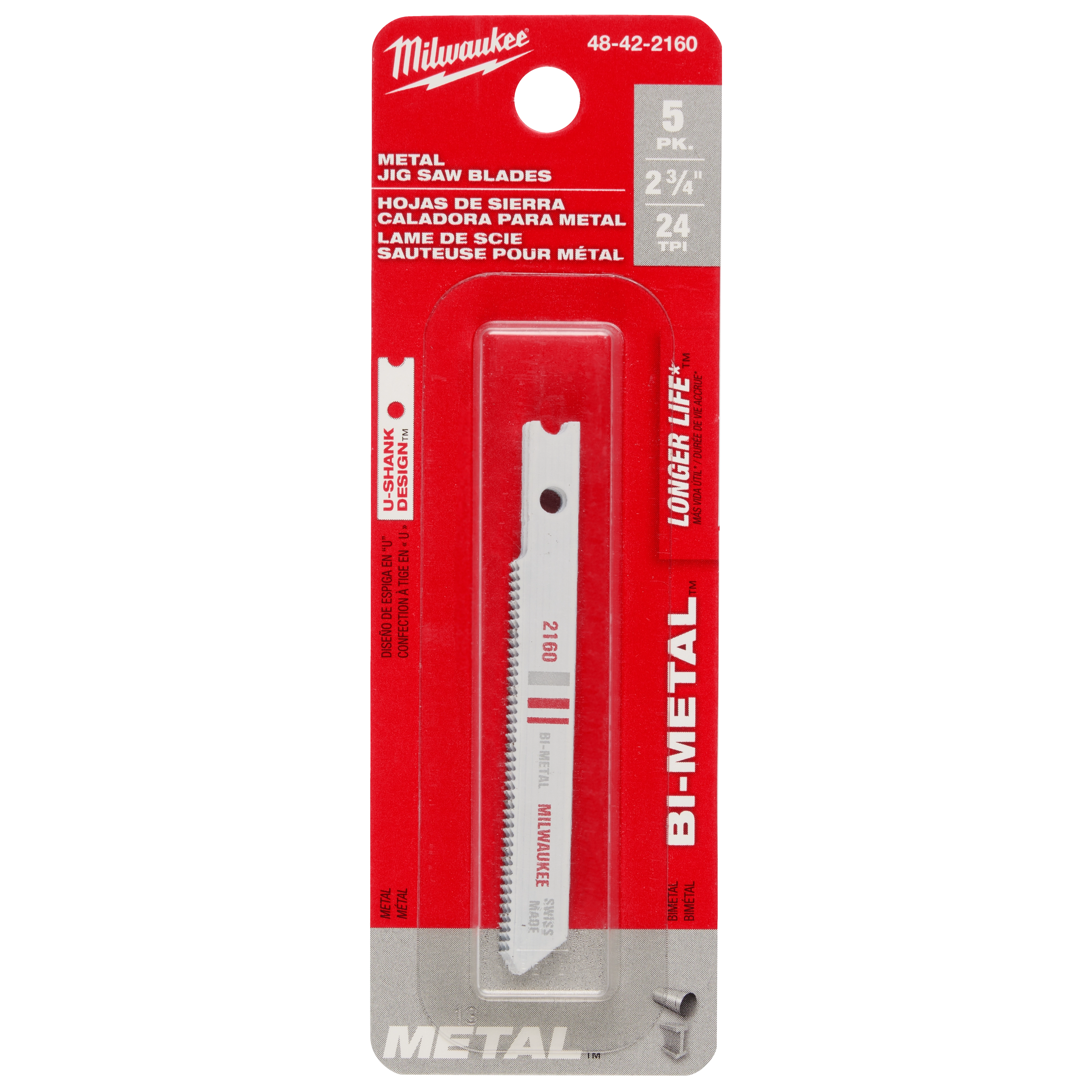 2-3/4" 24TPI U-Shank Metal Cutting Bi-Metal Jig Saw Blades 5PK in red and white packaging designed for cutting metal.