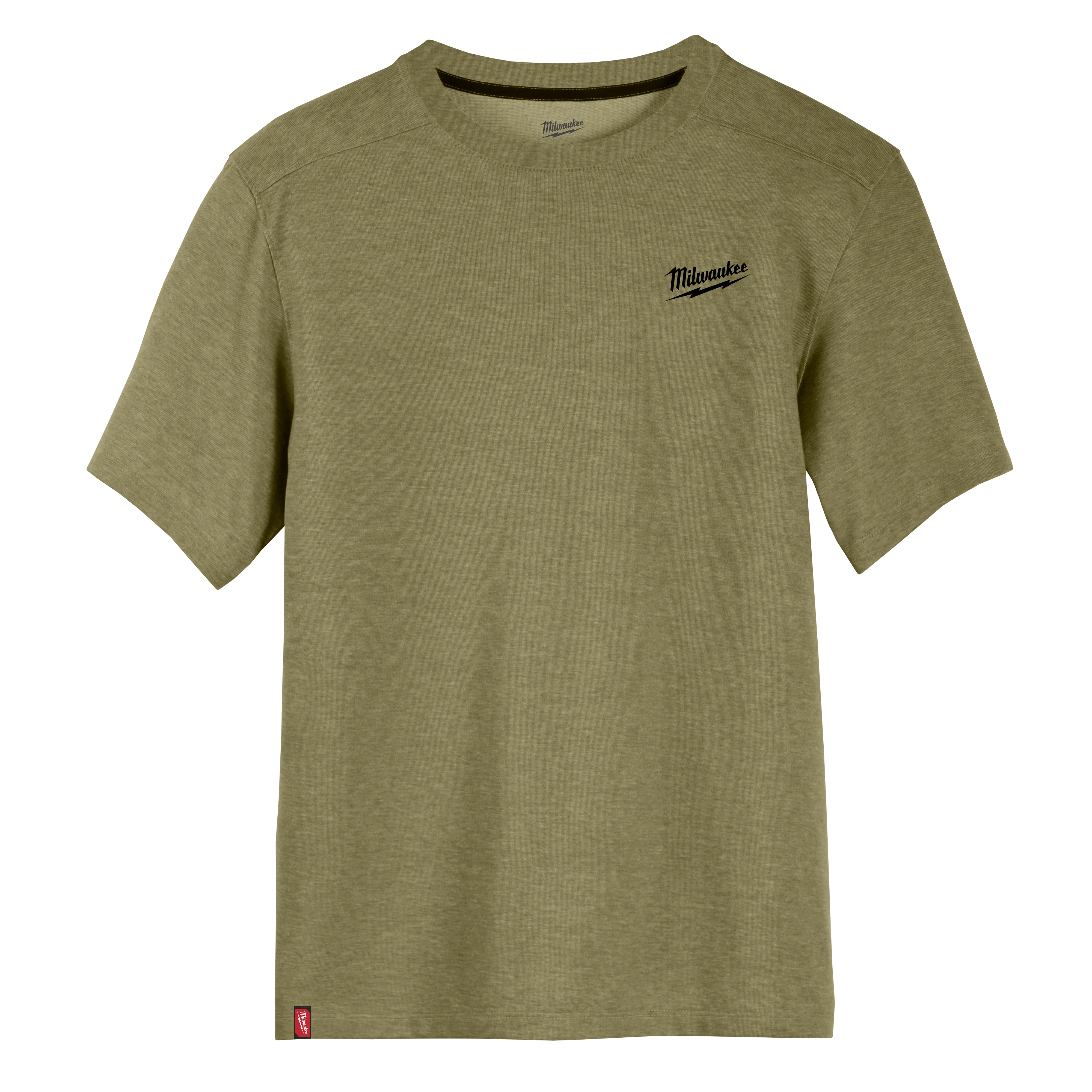 Green Milwaukee FREEFLEX Hybrid Work Tee - Short Sleeve with black logo on the left chest. Plain crew neck design, slightly textured fabric.