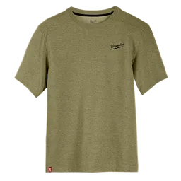 Green Milwaukee FREEFLEX Hybrid Work Tee - Short Sleeve with black logo on the left chest. Plain crew neck design, slightly textured fabric.